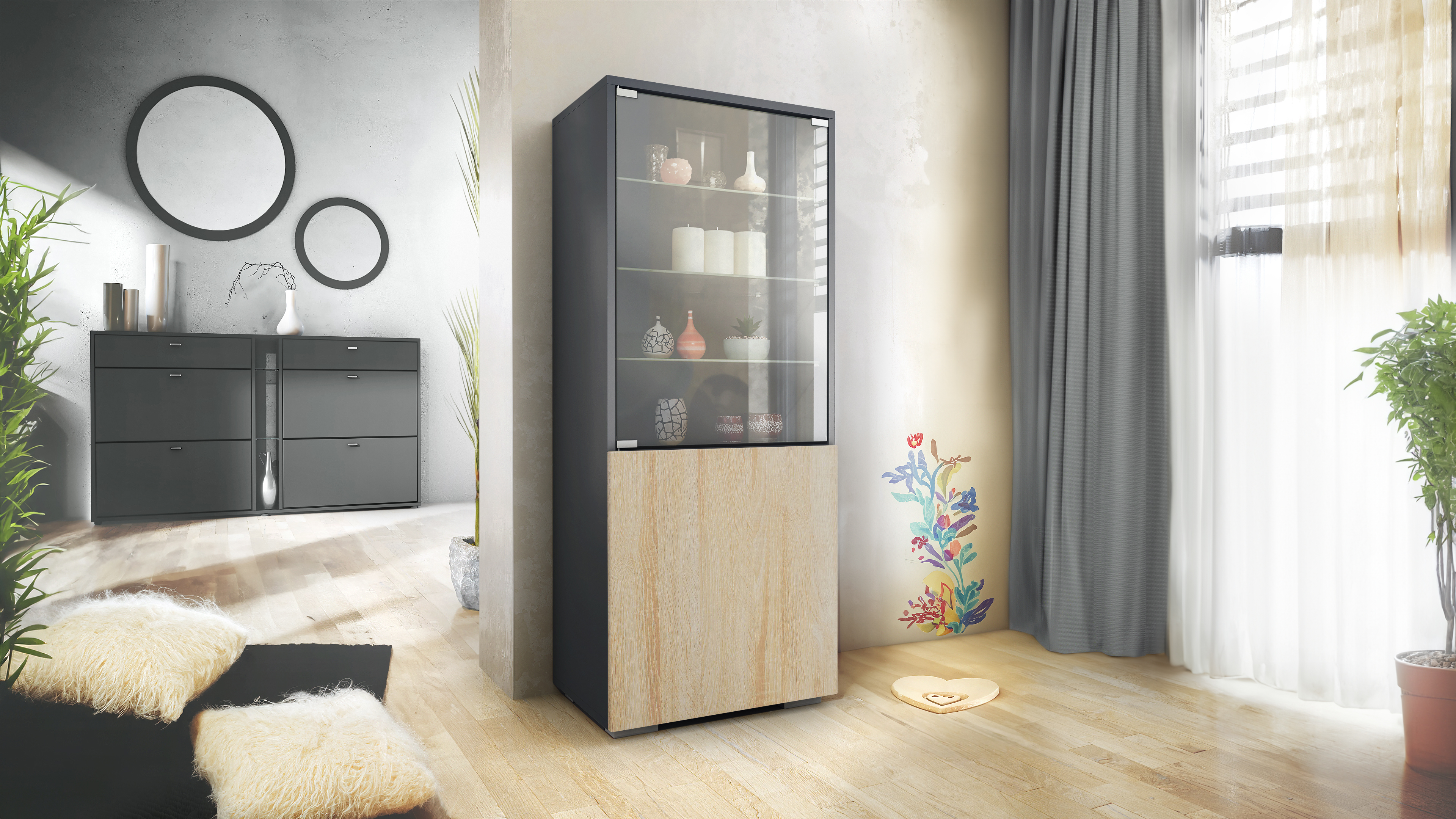 Granada Vitrine Anthrazit mit Glastür und Glaseinsatz Anthrazit matt/Eiche sägerau (50 x 122,5 x 34,5 cm)