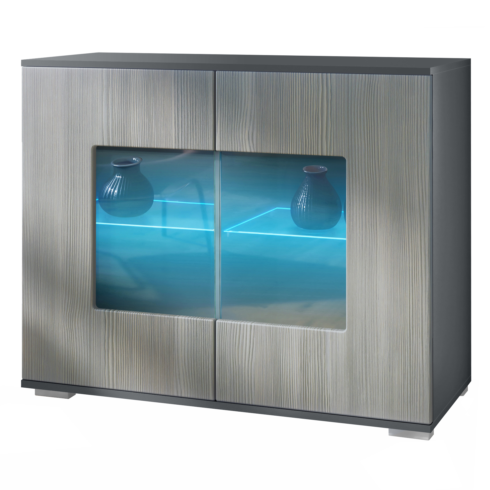 Grömitz V3 Kommode Anthrazit + LED mit 2 großen Glastüren inkl. RGB Beleuchtung Anthrazit matt / Avola-Anthrazit (92,5 x 75.5 x 35)