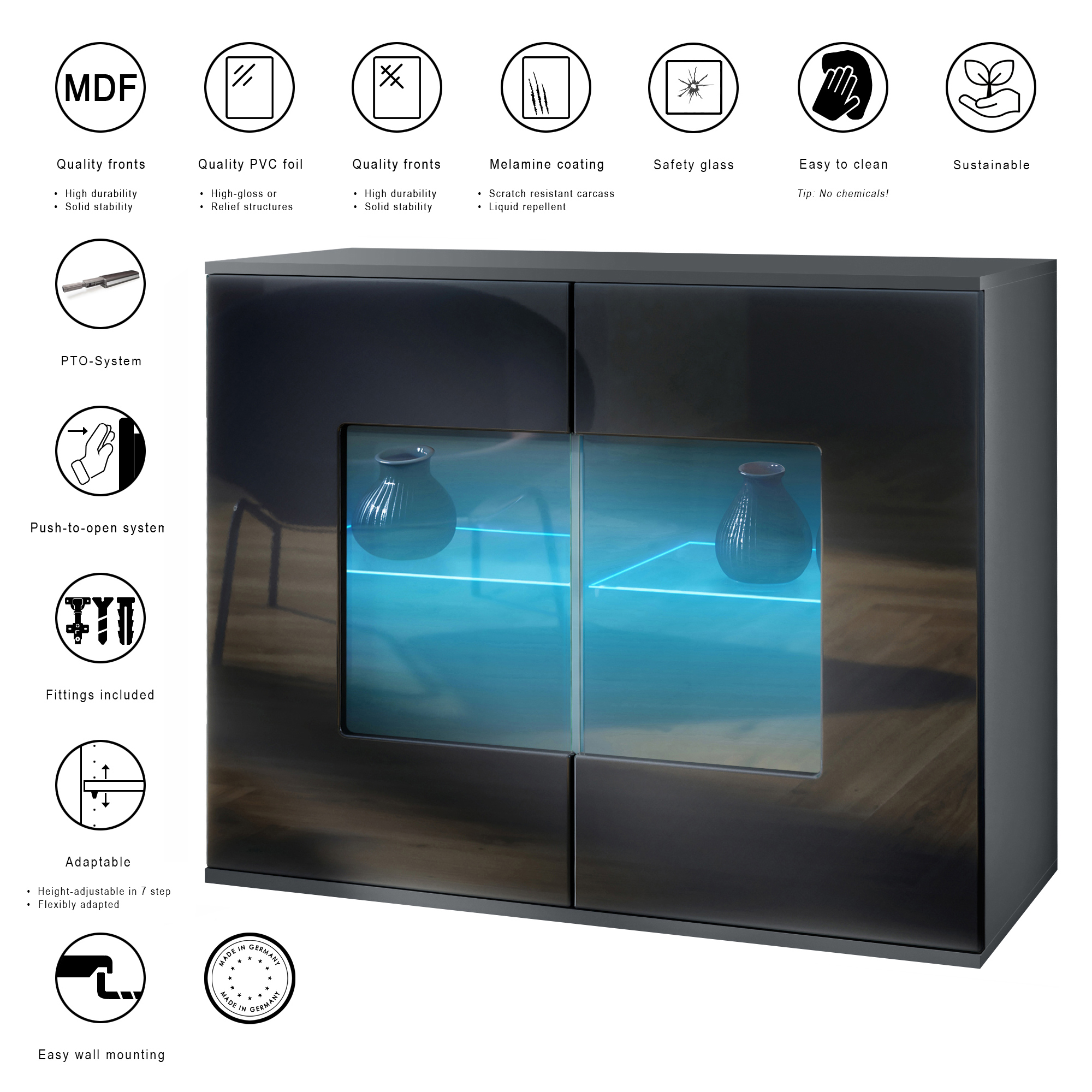 Grömitz V3 Kommode Anthrazit mit 2 großen Glastüren Anthrazit matt / Eiche sägerau (92,5 x 73.5 x 35)