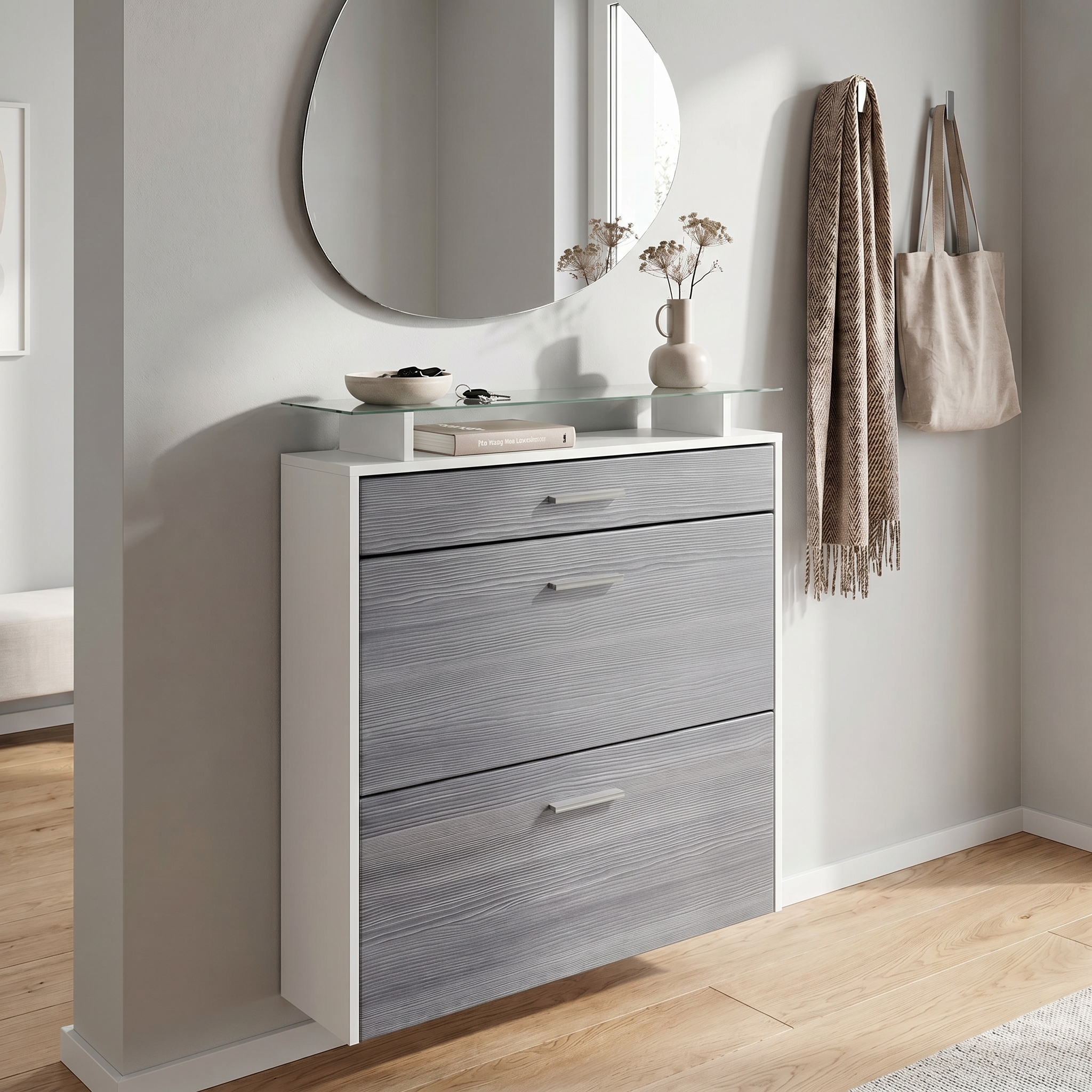 Schuhschrank Malea mit 2 Klappen und 1 Schublade und Glasablage Weiß matt/Avola-Anthrazit (89 x 96 x 23 cm)