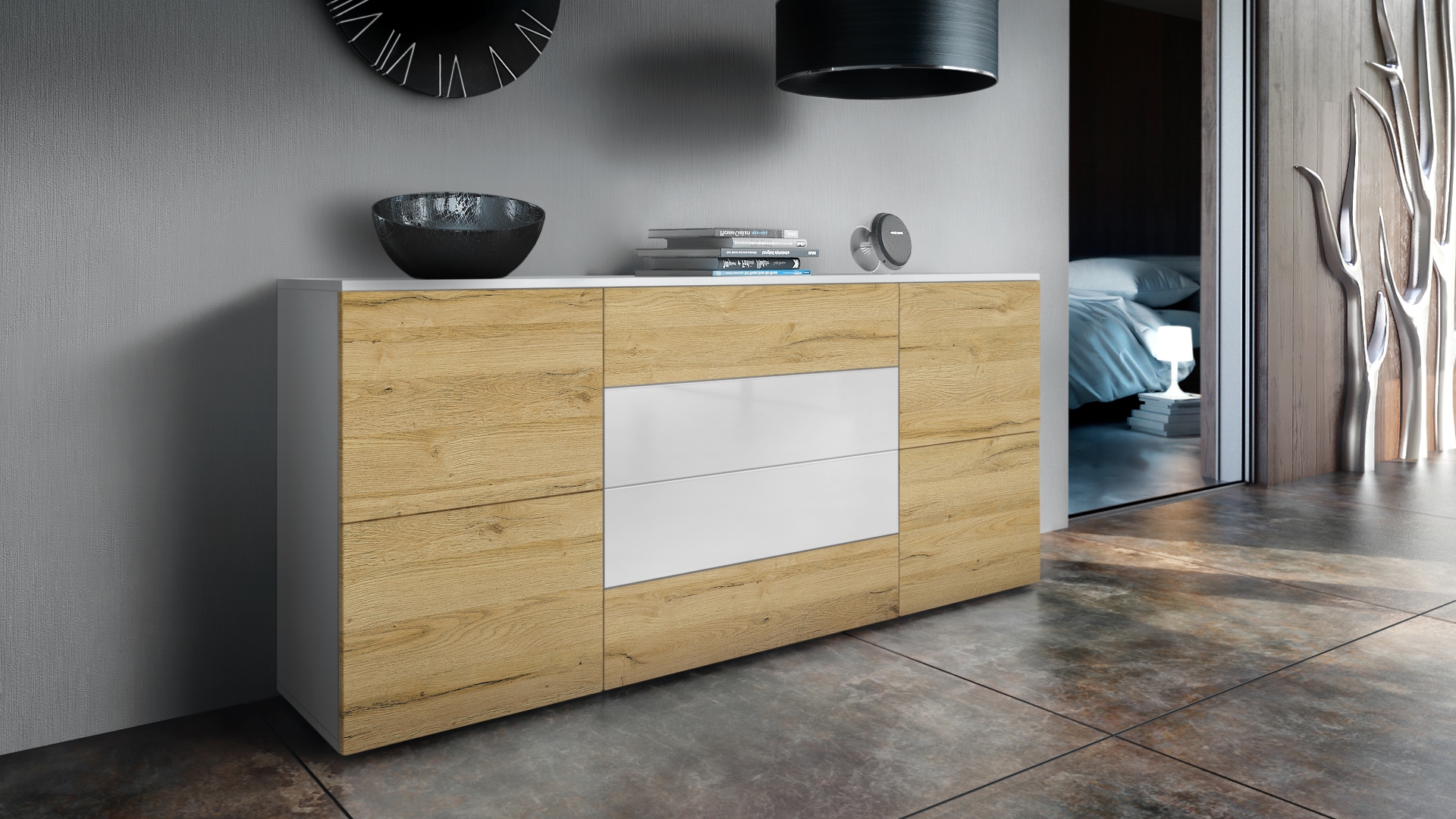 Sideboard Rova mit 4 Türen und 4 Schubladen Weiß matt/Eiche Natur/Weiß Hochglanz (166 x 72 x 35 cm)