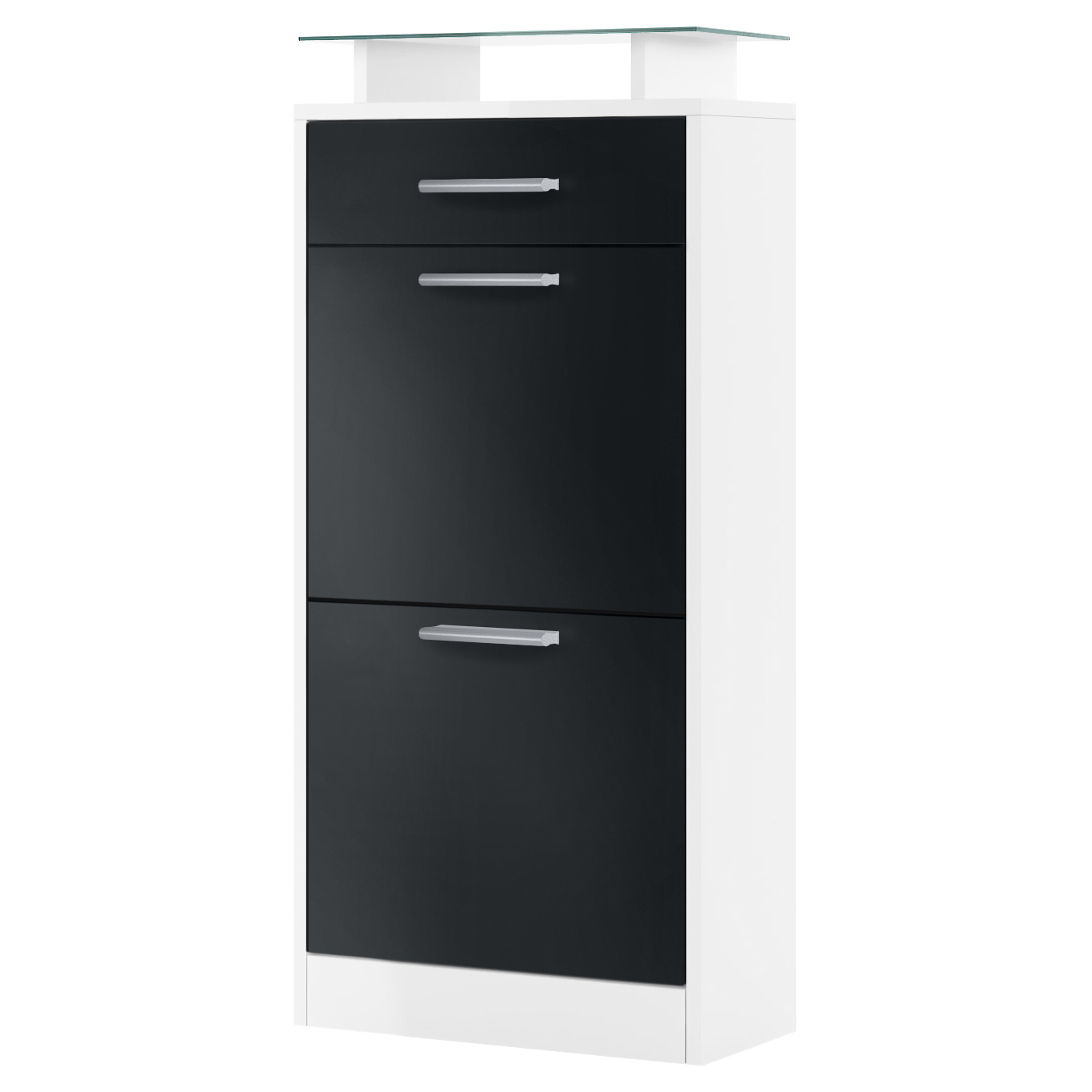 Schuhschrank Loret V2 mit 2 Klappen, 1 Schublade und Glasablage Weiß matt/ Schwarz matt (46 x 104 x 23 cm) | Front in Schwarz matt