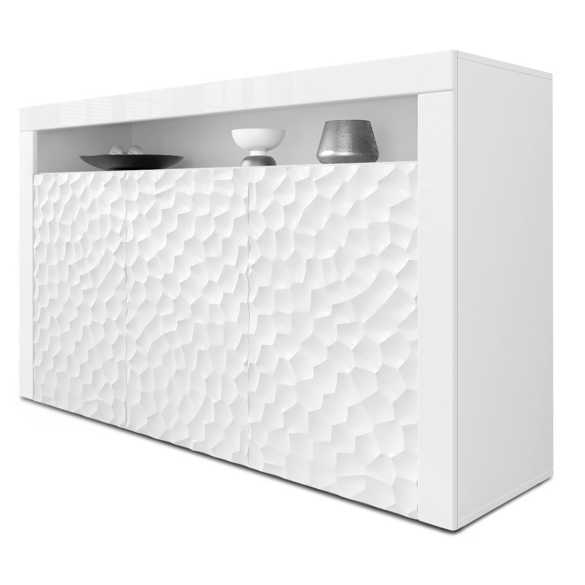 Sideboard Valencia  mit 3 Türen und 1 offenem Fach Weiß matt&glänzend mit 3D Struktur (155x92x40 cm)
