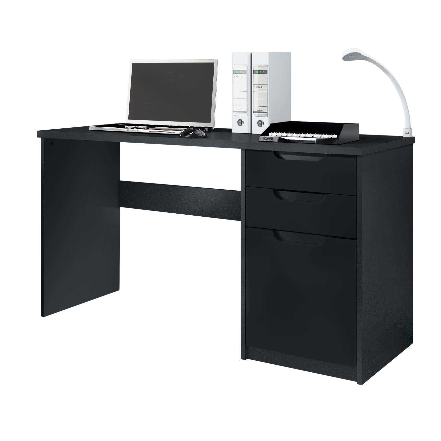 Schreibtisch Logan mit 2 Schubladen und 1 Tür Schwarz matt/Schwarz matt (129 x 76 x 60 cm)