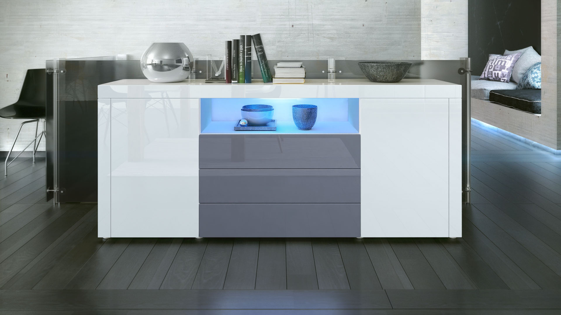 Sideboard Santiago mit 2 großen Türen und 3 Schubladen Weiß Hochglanz/Grau Hochglanz (167 x 72 x 35 cm)