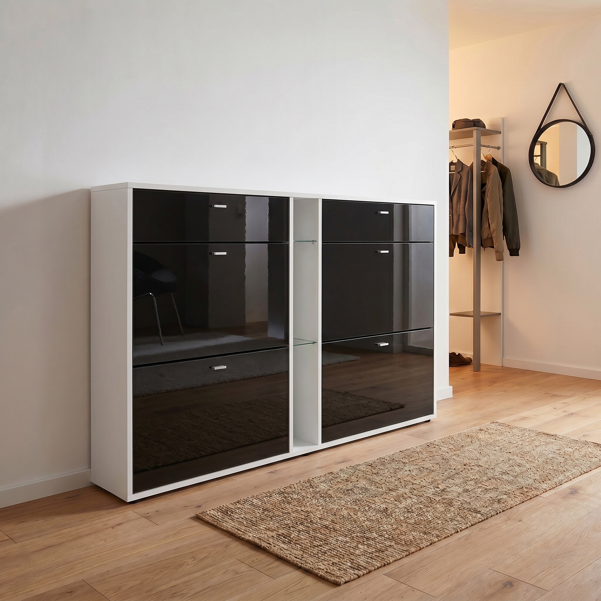 Today Schuhschrank 2 Schubladen und 3 offene Fächer | Fronten in Schwarz Hochglanz | ohne LED Beleuchtung | ohne LED Beleuchtung