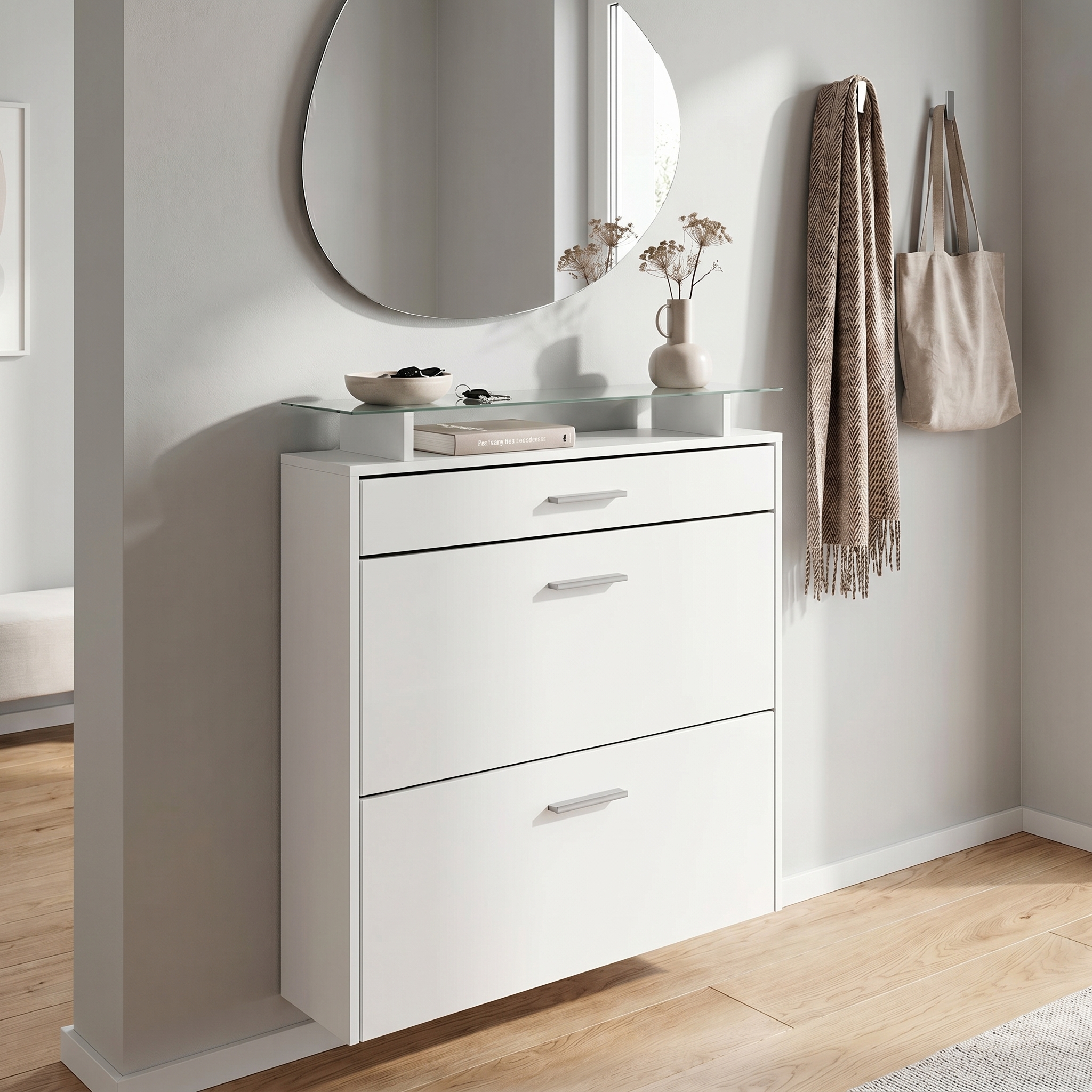 Schuhschrank Malea mit 2 Klappen und 1 Schublade und Glasablage Weiß matt (89 x 96 x 23 cm)