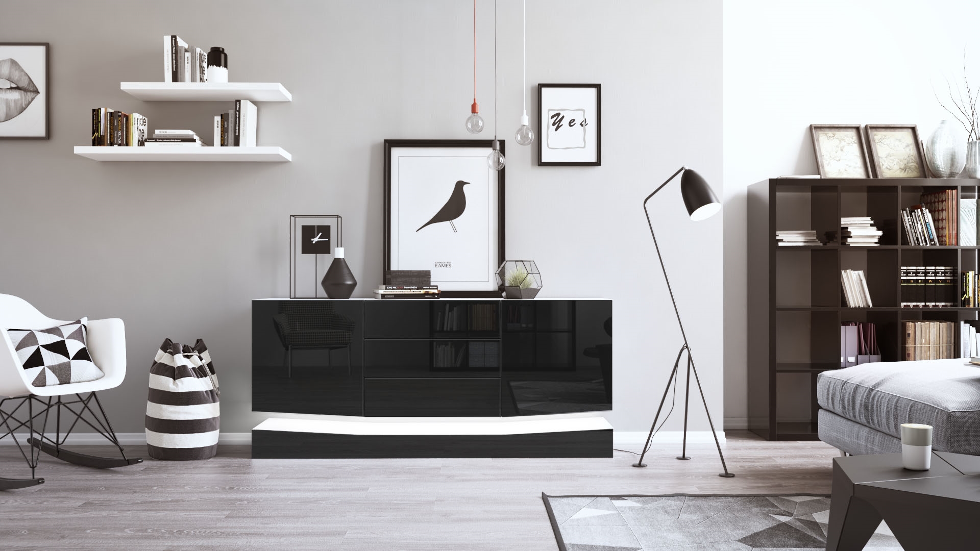 Sideboard City und 3 Schubladen inkl. LED-Beleuchtung Weiß matt/Schwarz Hochglanz (178 x 72 x 38 cm)