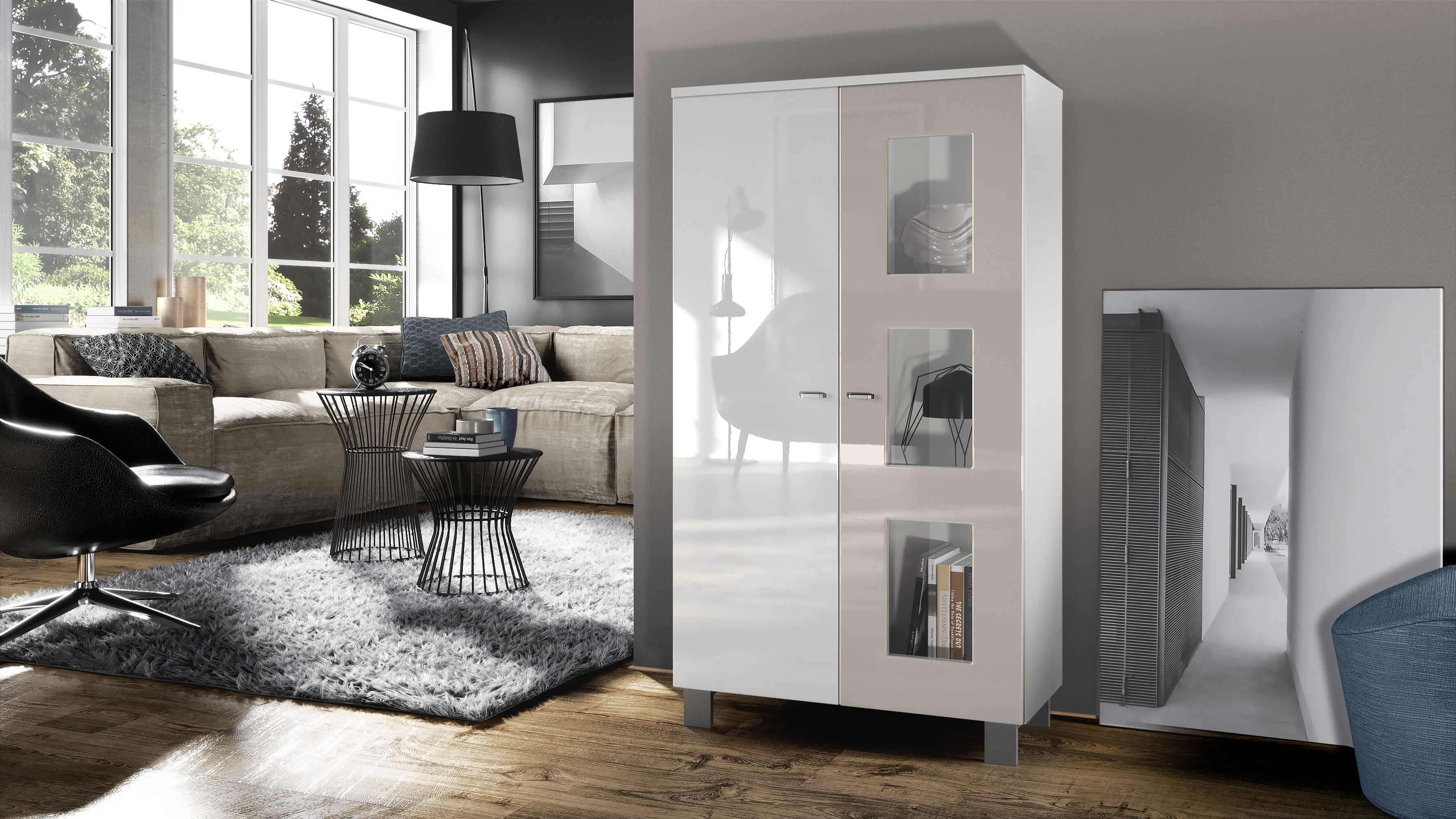 Vitrine Denjo  mit 2 Türen und 3 Glaseinsätzen Weiß matt/ Weiß Hochglanz/ Sandgrau Hochglanz (71 x 129 x 35 cm)