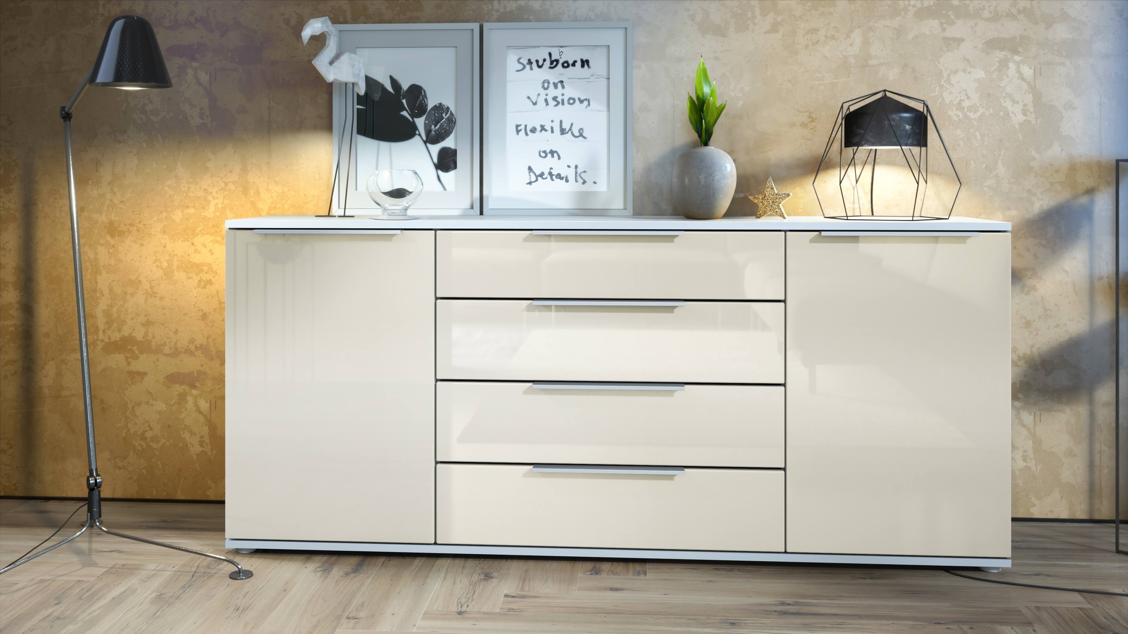Linio V2 Sideboard mit 2 Türen und 4 Schubladen Weiß matt/Creme Hochglanz (166,5 x 72,5 x 35 cm)