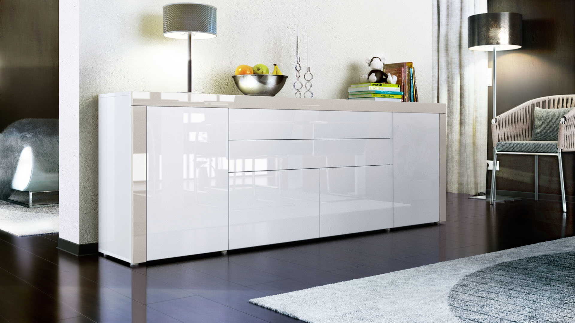 Sideboard La Paz V2 mit 2 Türen, 2 Schubkästen und 2 Klappen Weiß Hochglanz/Sandgrau Hochglanz (200 x 72 x 35 cm)