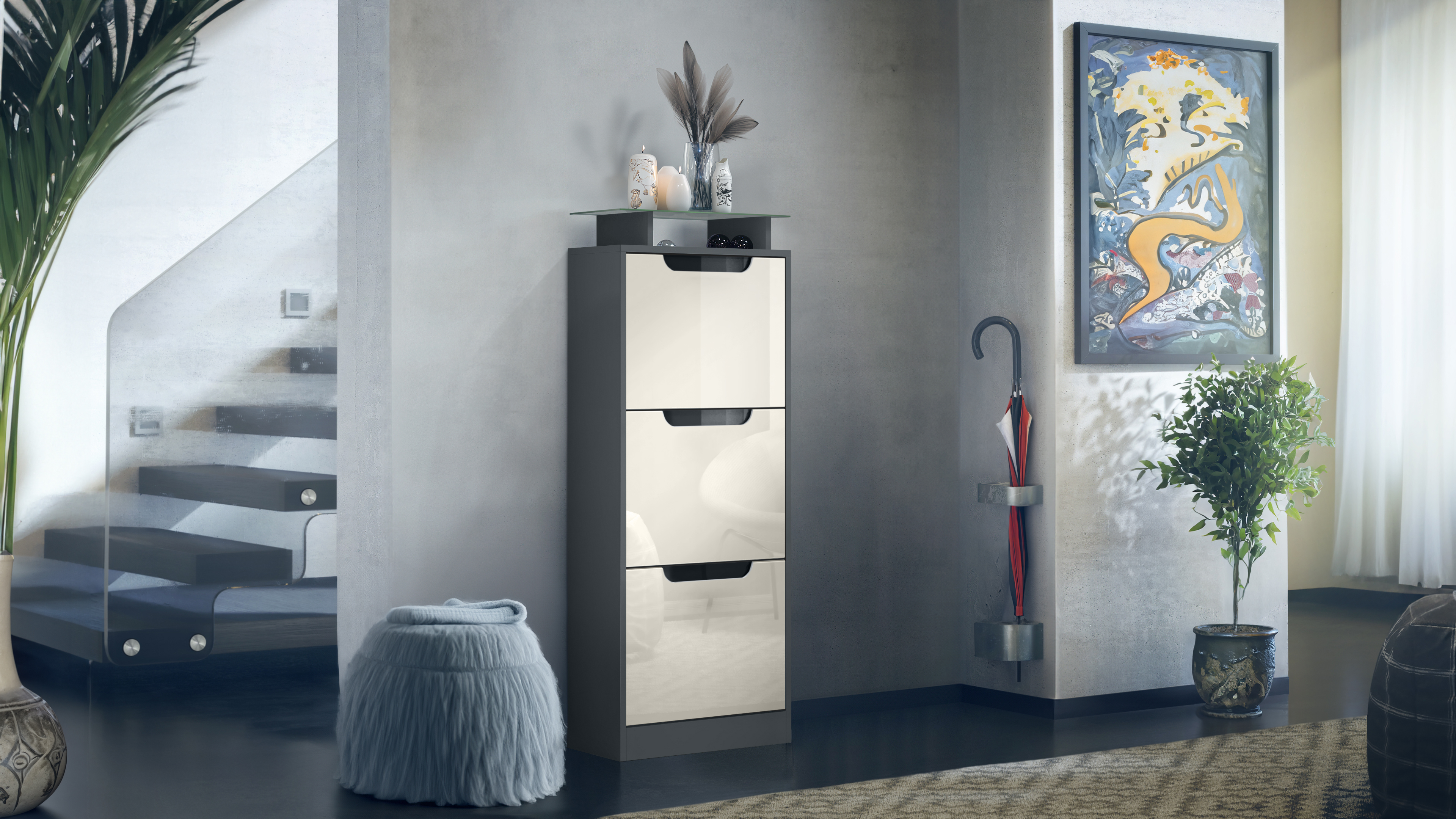 Schuhschrank Space V2 Anthrazit matt für 12 Paar Schuhe mit 3 Klappen und Glasablage Anthrazit matt/Creme Hochglanz (46 x 128 x 23 cm)