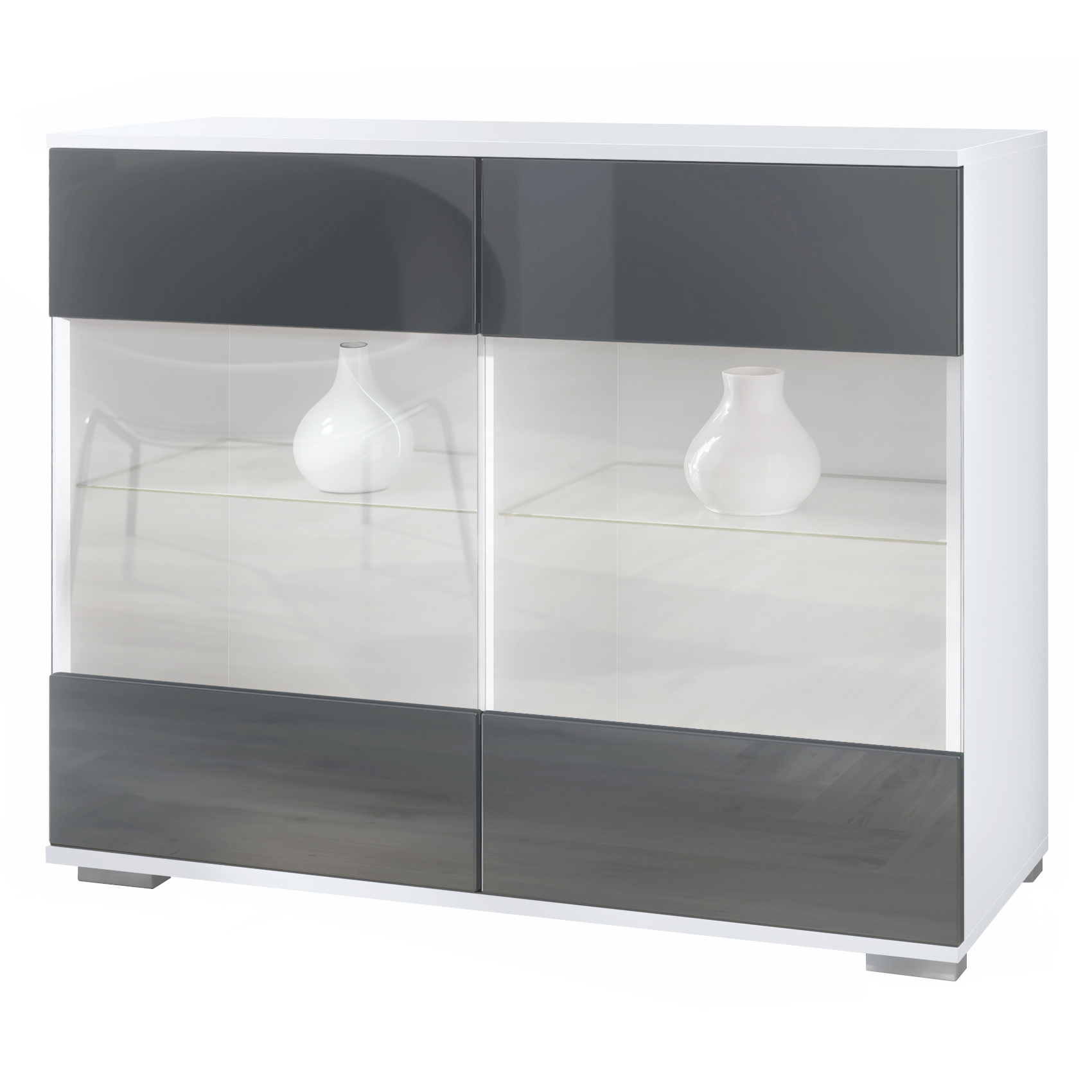 Bari V3 Kommode Weiß mit 2 großen Glastüren Weiß matt / Grau Hochglanz (92,5 x 75.5 x 35)