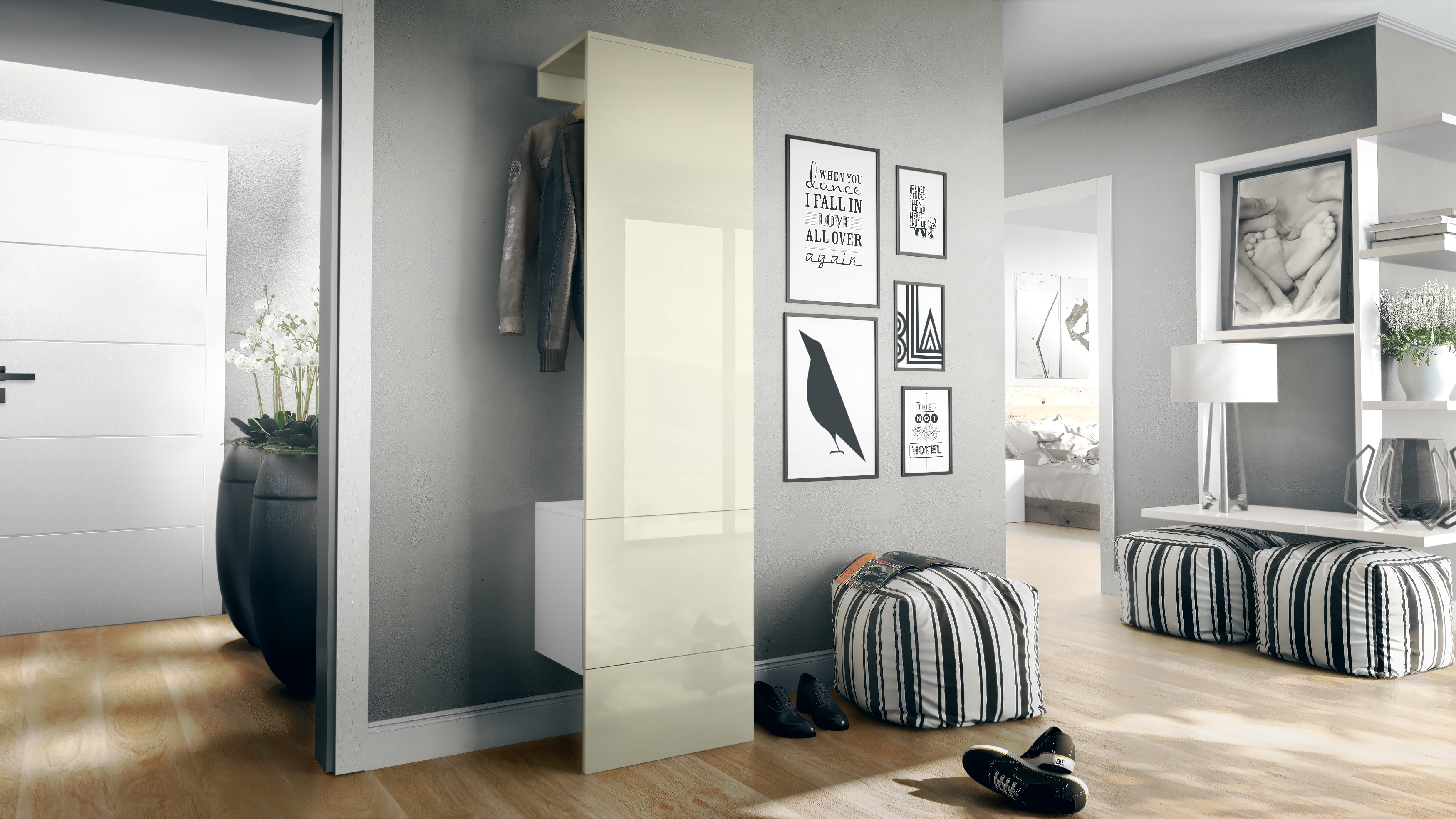 Garderobe Carlton Set 5 Weiß 1-tlg. mit integrierter Tür und 1 Kleiderstange Weiß matt/Creme Hochglanz  (52 x 193 x 35 cm)