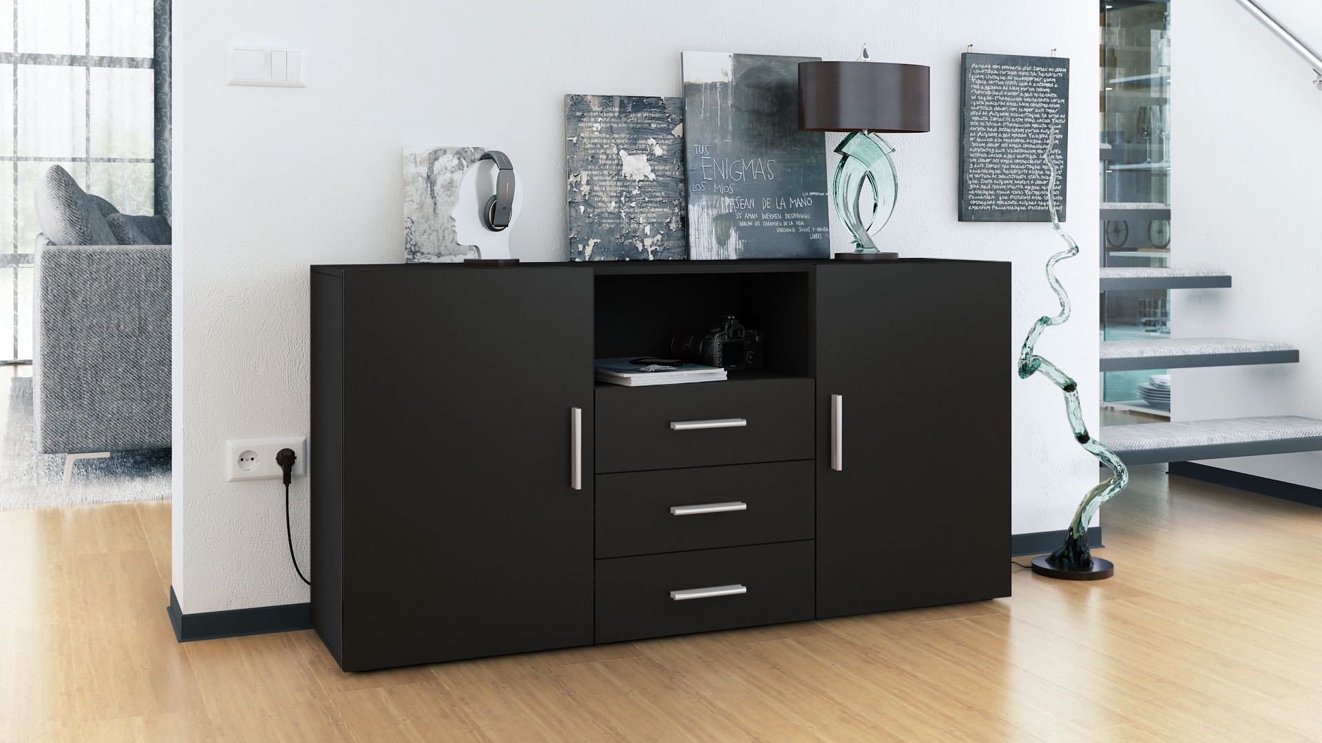 Sideboard Skadu  mit 2 Türen, 3 Schubladen und 1 offenem Fach Schwarz matt/Schwarz matt (138,5 x 71,5 x 35 cm)