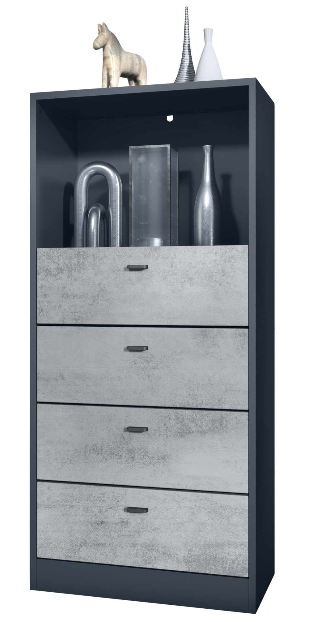 Pino V3 Kommode  mit 4 Schubladen & 1 offenem Fach,  Anthrazit matt/Beton Oxid Optik (56 x 125 x 36 cm)