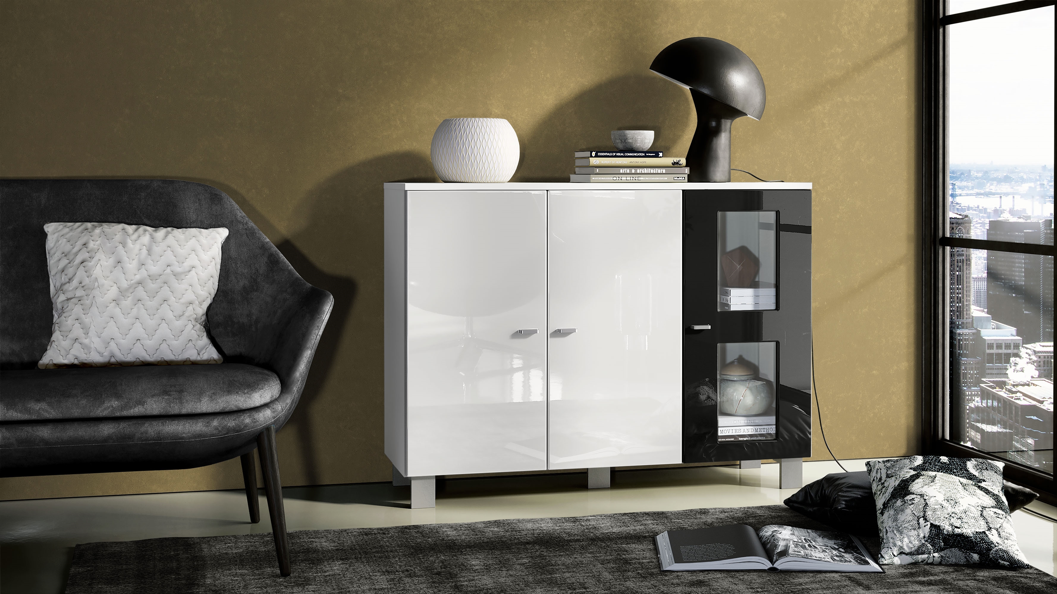 Sideboard Denjo  mit 3 Türen Weiß matt/Weiß Hochglanz/Schwarz Hochglanz (107 x 81 x 35 cm)