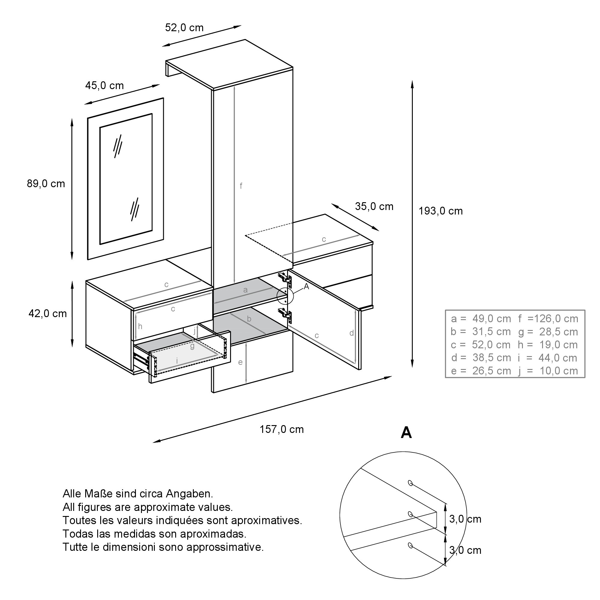 Garderobe Carlton Set 3 Weiß 4-tlg. ​ 1 Paneel, 2 Schubkastenschränke und 1 Wandspiegel Weiß matt/Beton Oxid Optik (157 x 193 x 35 cm)