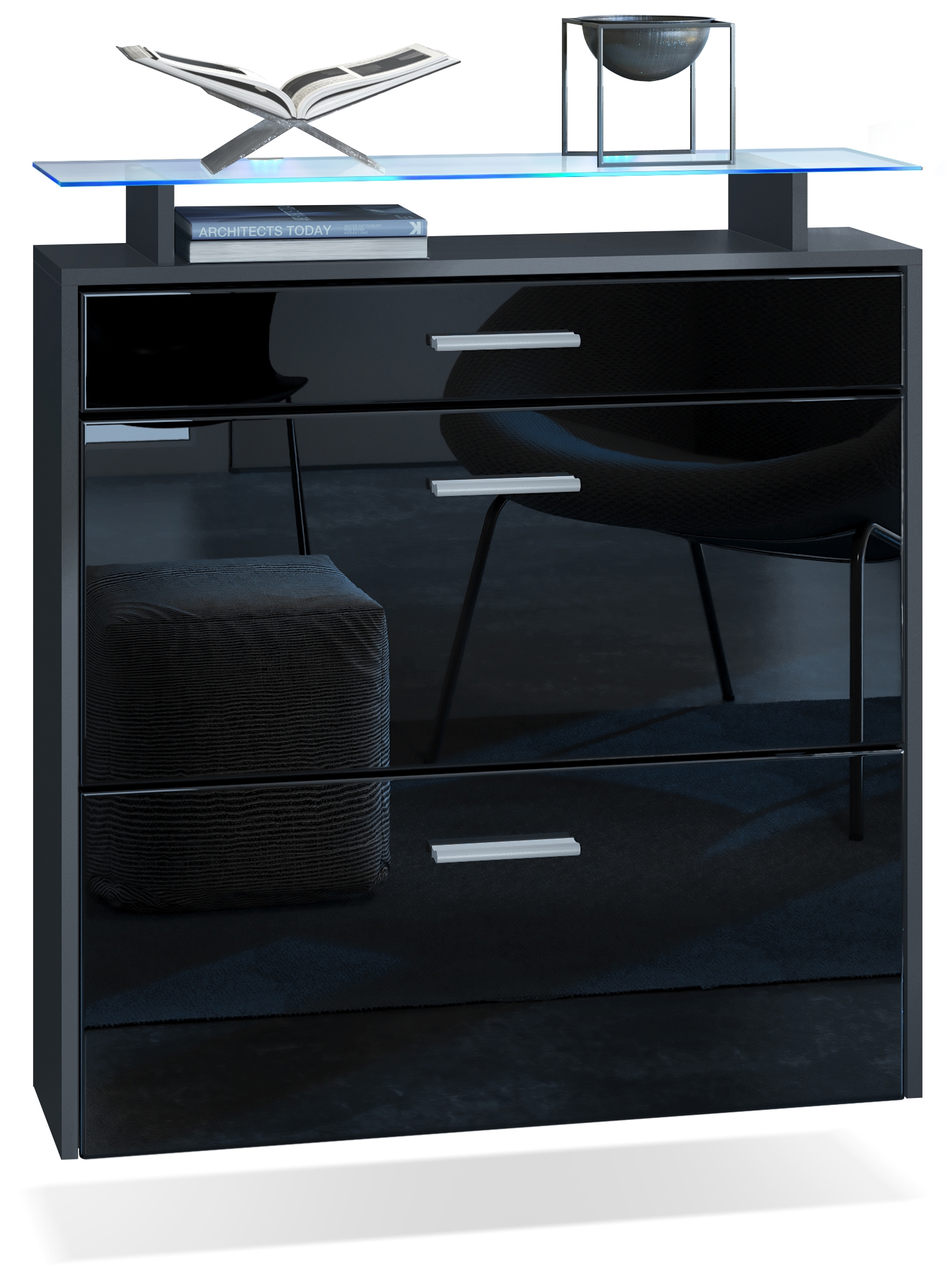 Schuhschrank Malea mit 2 Klappen und 1 Schublade und Glasablage Anthrazit matt/Schwarz glänzend, mit Beleuchtung blau (89x96x23 cm)