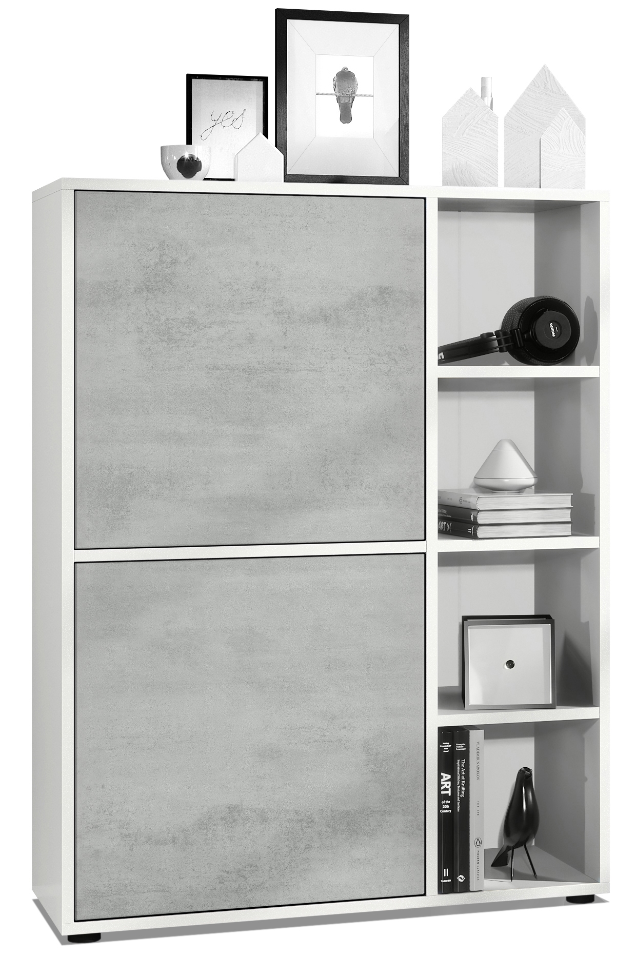 Highboard Cuba  mit 2 Türen und 4 offene Fächer Weiß matt/Beton Oxid Optik (79 x 105,5 x 35,5 cm)