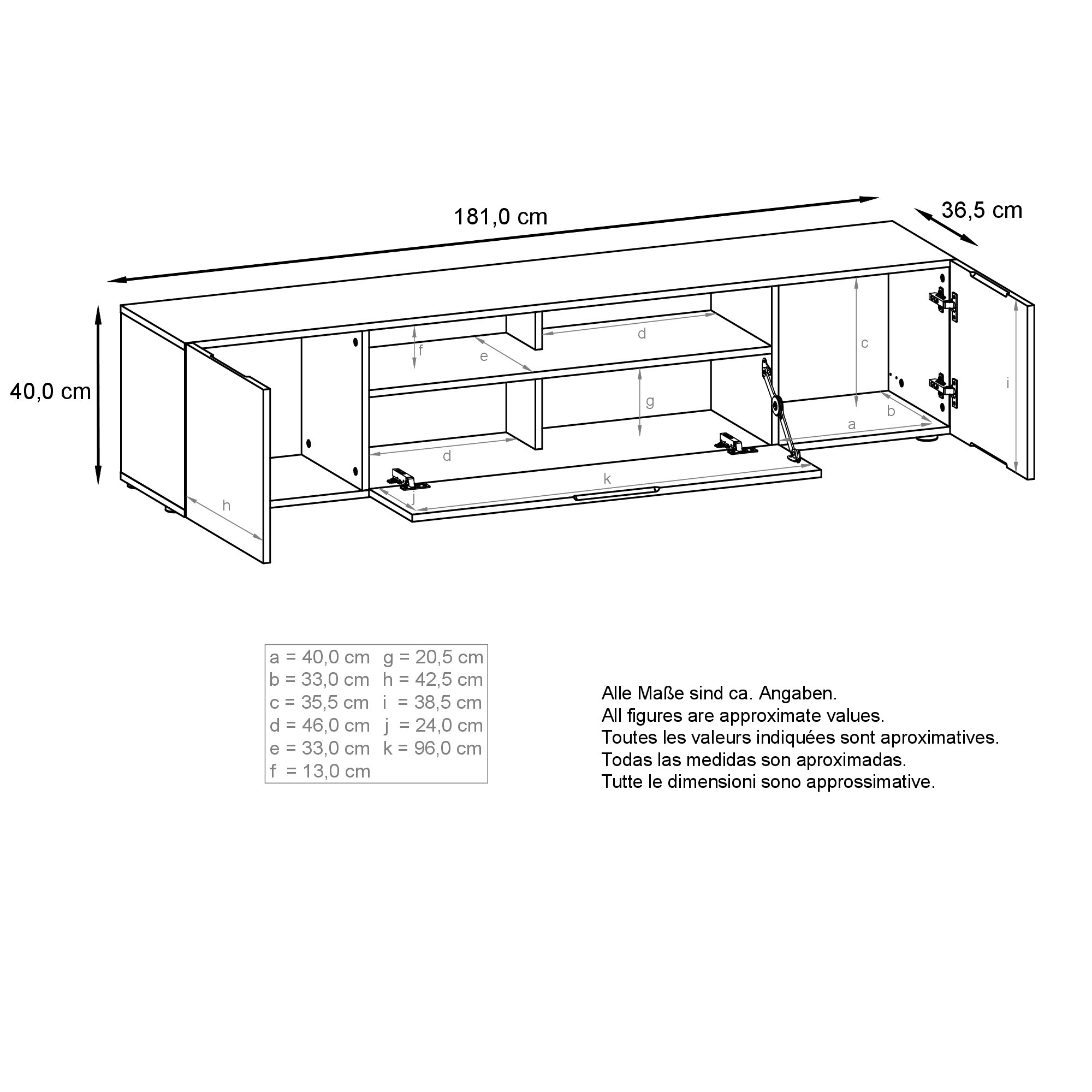 Lowboard Mogan  mit 2 Türen, 1 Klappe und 1 offenes Fach,  Anthrazit matt/Beton Oxid Optik (181 x 39 x 35 cm)