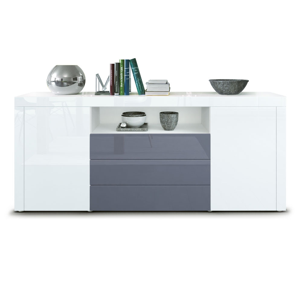 Sideboard Santiago mit 2 großen Türen und 3 Schubladen Weiß Hochglanz/Grau Hochglanz (167 x 72 x 35 cm)