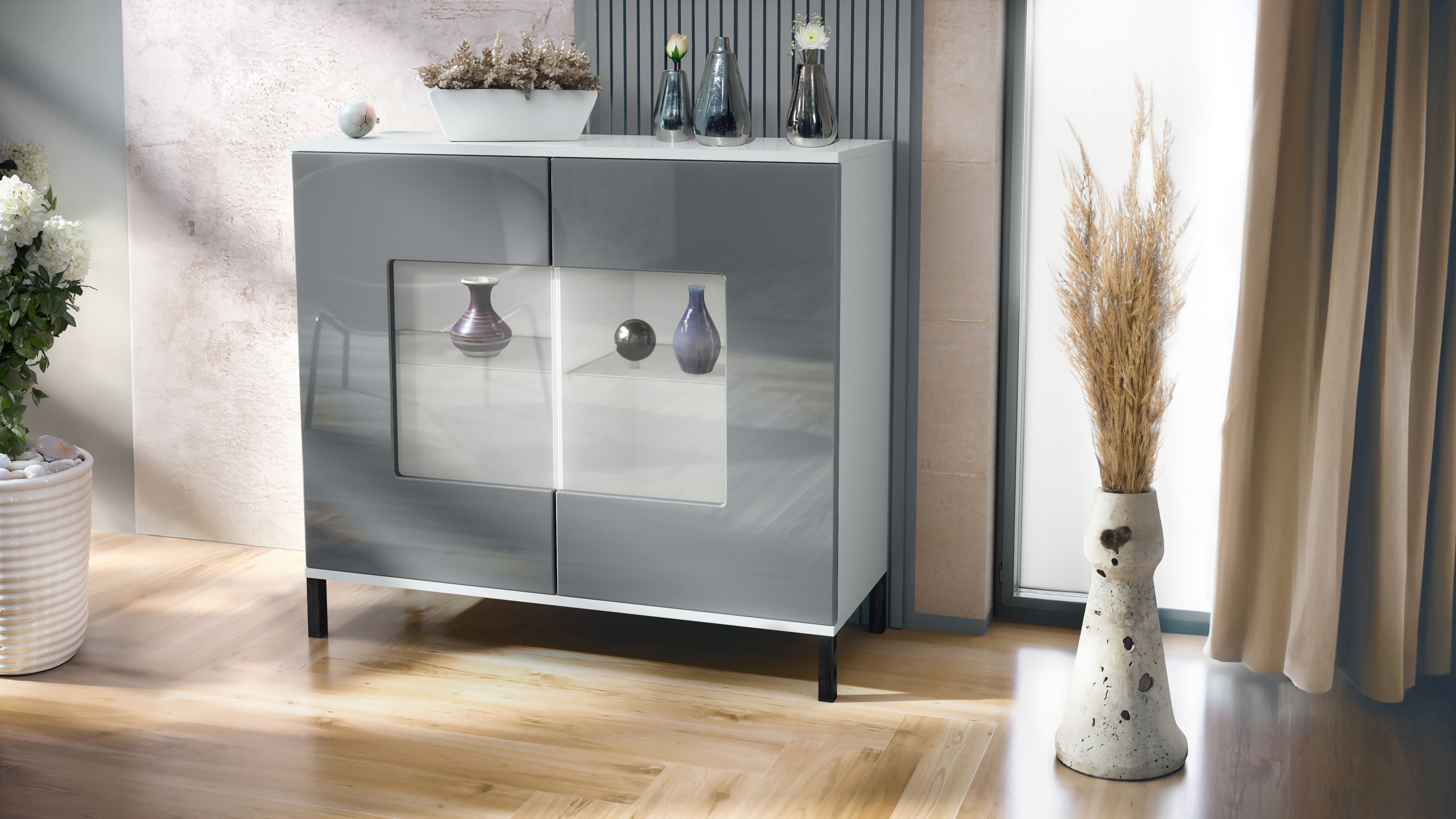 Grömitz V3 Kommode Weiß mit 2 großen Glastüren Weiß matt / Grau Hochglanz (92,5 x 83.5 x 35)