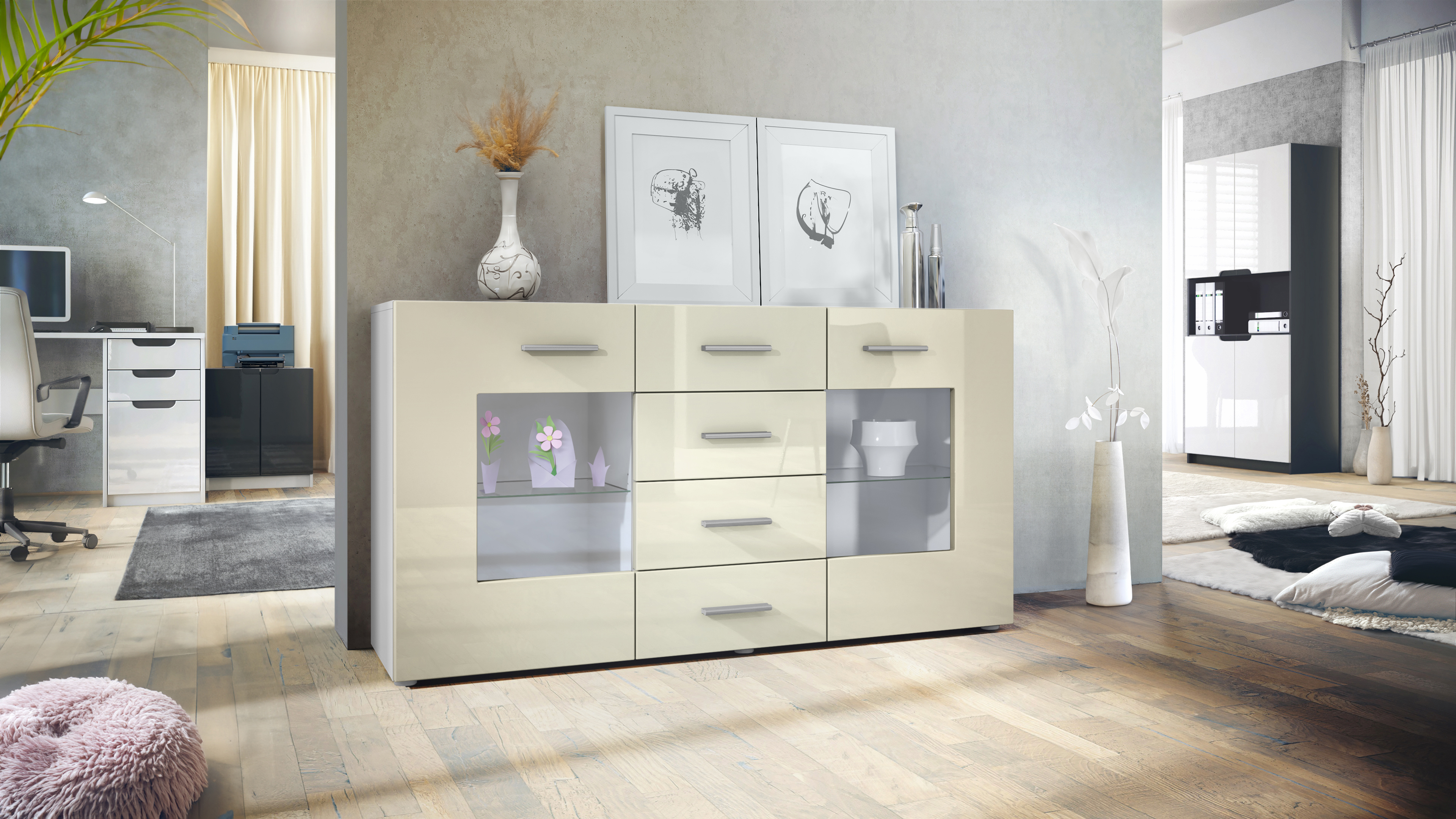 Sideboard Grömitz V1 4 Schubladen und 2 flexible Glaseinlegeböden Weiß matt/Creme Hochglanz (139 x 72 x 35)
