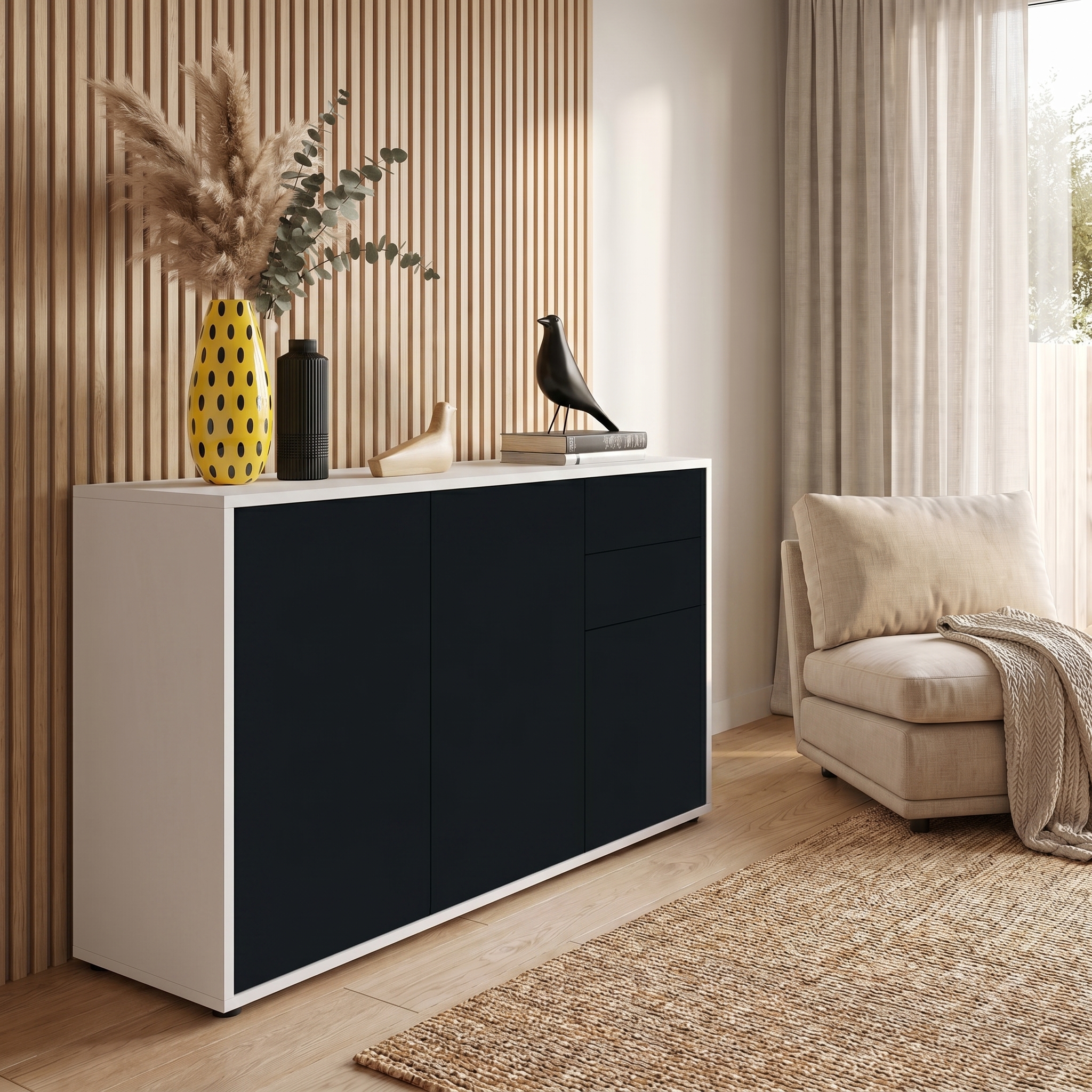 Kommode Ben V3 mit 3 Türen und 2 Schubladen Weiß matt/Schwarz matt (117 x 74 x 36 cm) | Front in Schwarz matt | Korpus matt