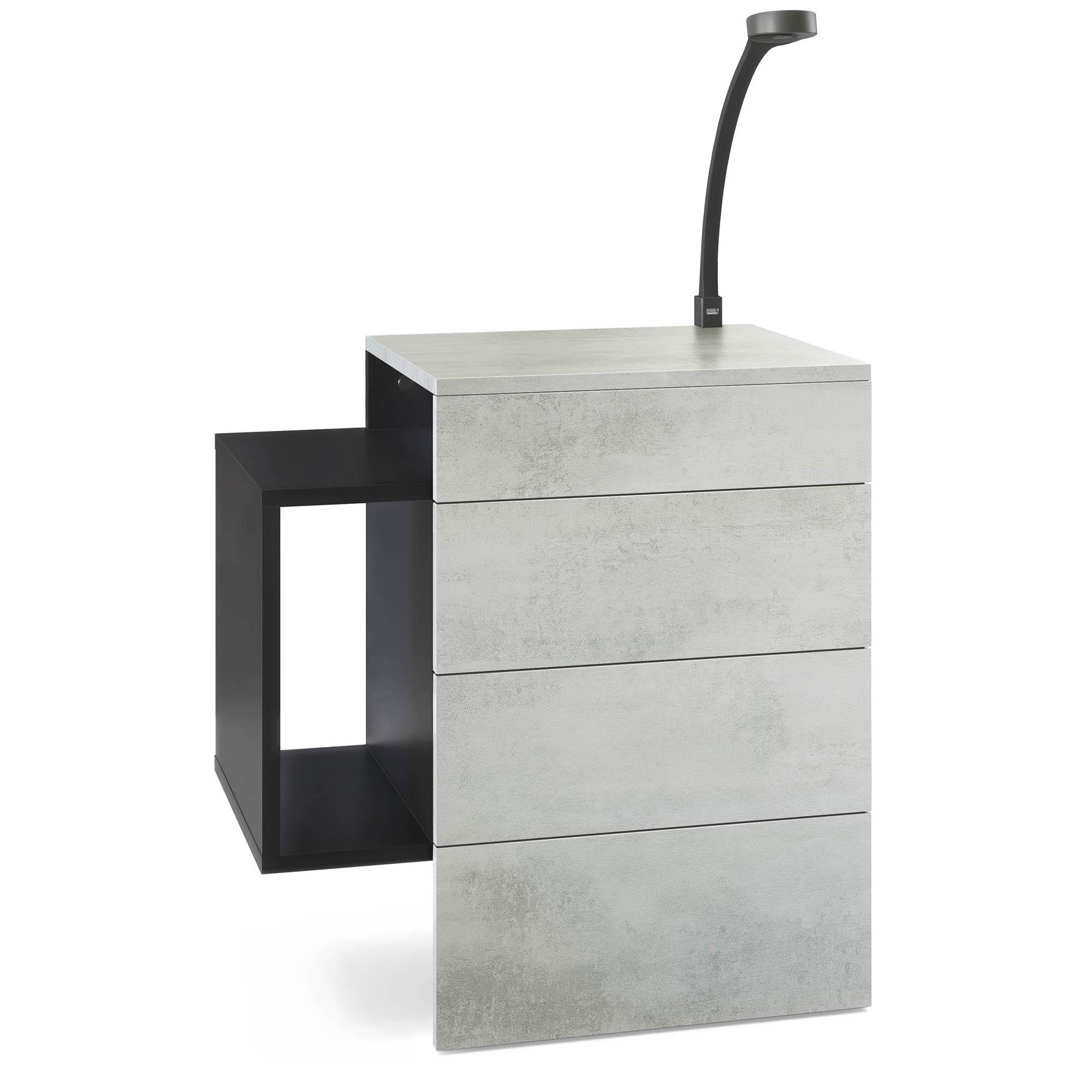 Nachttisch Queens und 1 seitlichem Fach zur Wandmontage Schwarz matt/Beton Oxid Optik inkl. LED Flexi Lampe (60 x 63 x 36 cm)