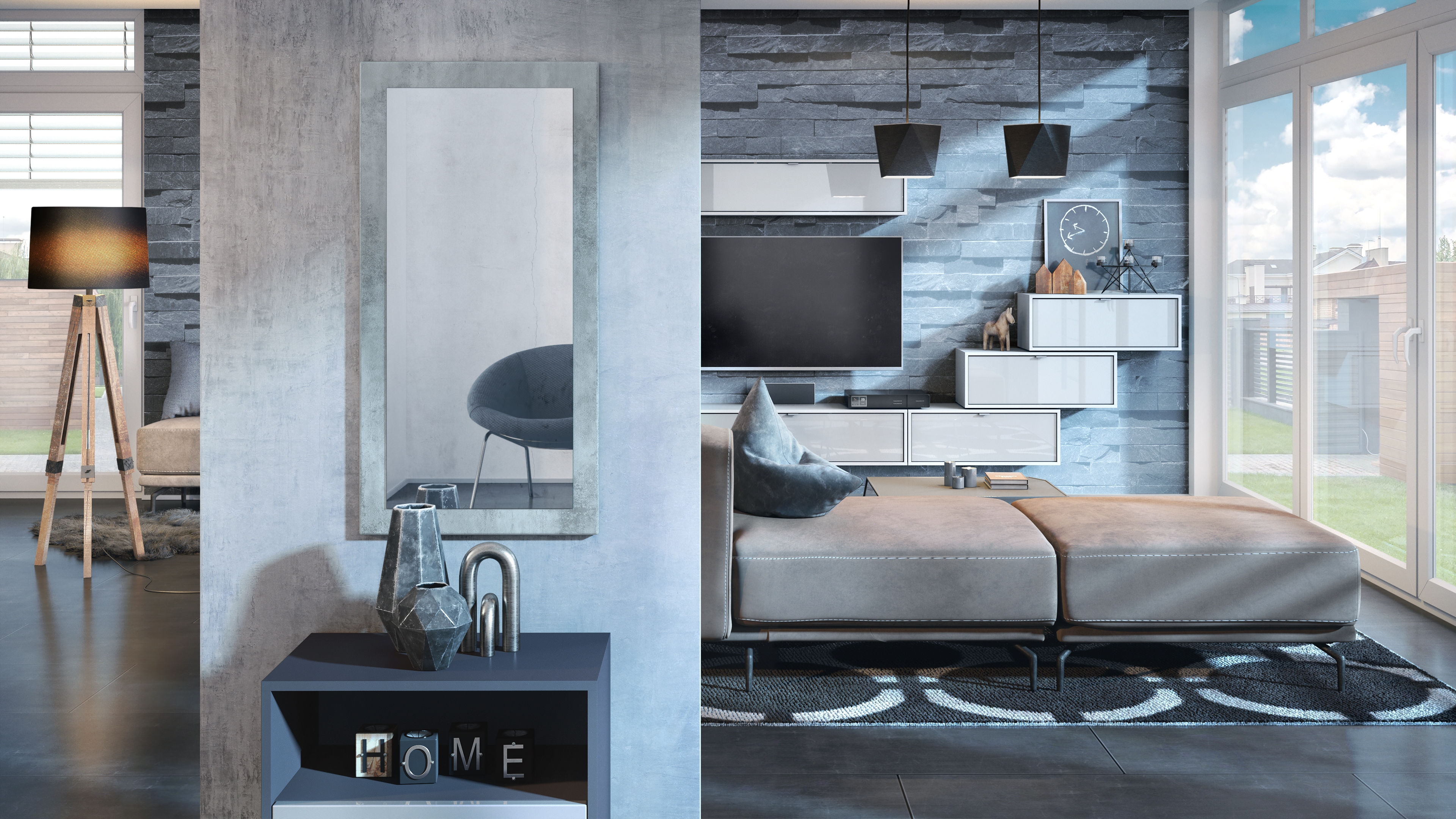 Spiegel Lima 89cm mit Rahmen im modernen Stil Beton Oxid Optik (89 x 45 cm)