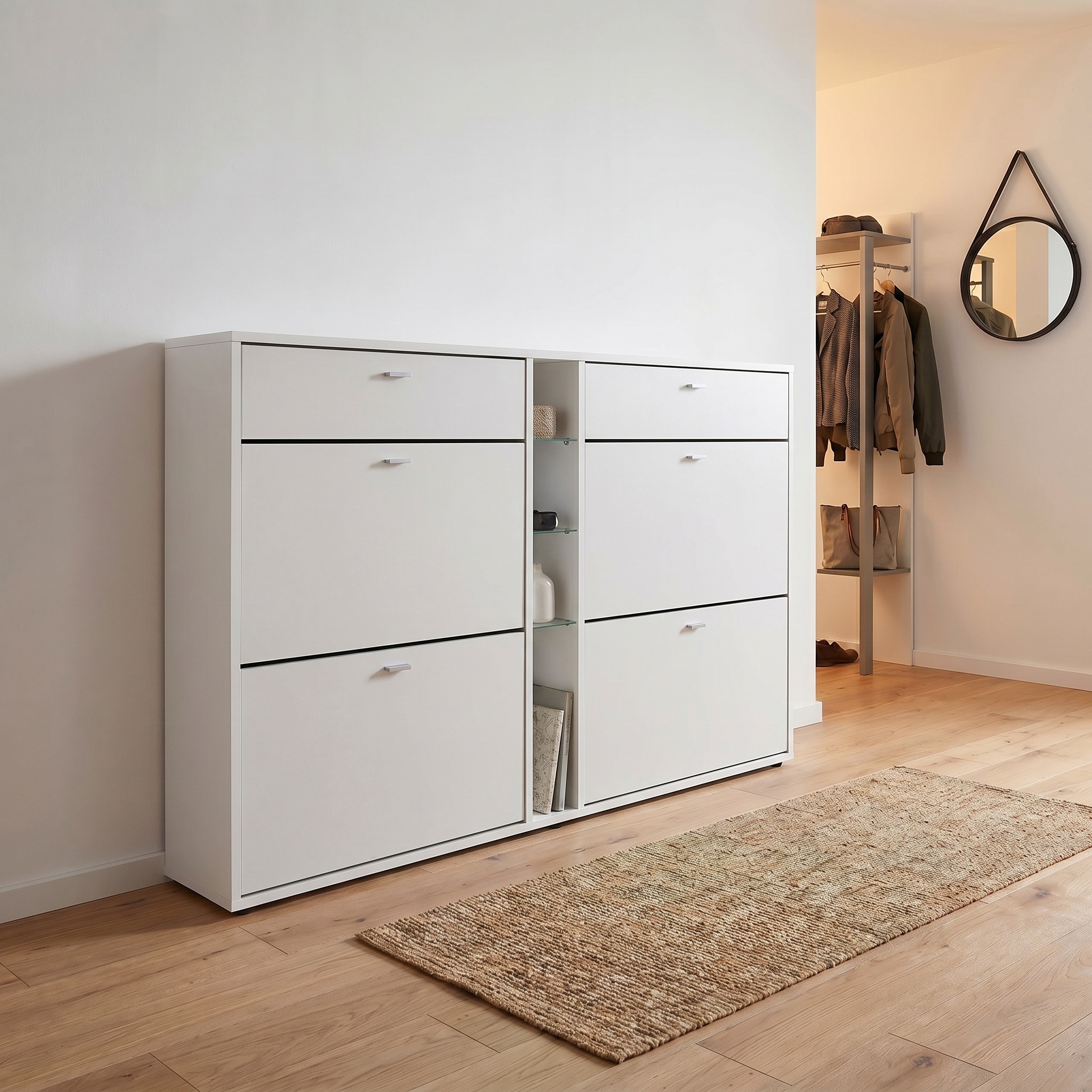 Today Schuhschrank 2 Schubladen und 3 offene Fächer | Fronten in Weiß matt | ohne LED Beleuchtung | ohne LED Beleuchtung