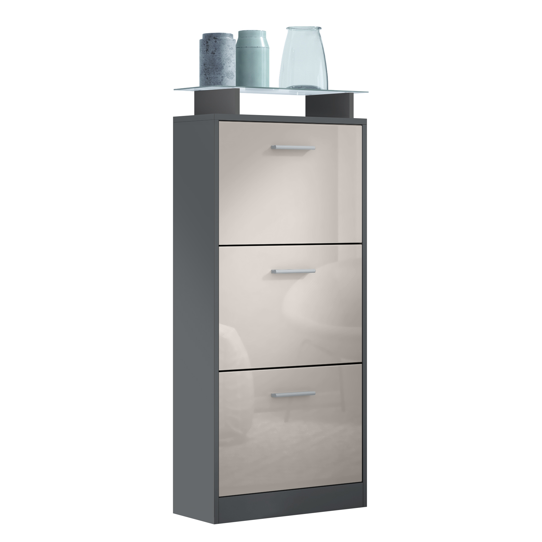 Schuhschrank Lavia V2 Anthrazit matt für 12 Paar Schuhe mit 3 Klappen und Glasablage Anthrazit matt/Sandgrau Hochglanz (46 x 128 x 23 cm) Schuhschrank Lavia V2 Anthrazit matt für 12 Paar Schuhe mit 3 Klappen und Glasablage Anthrazit matt/Sandgrau Hochglanz (46 x 128 x 23 cm)