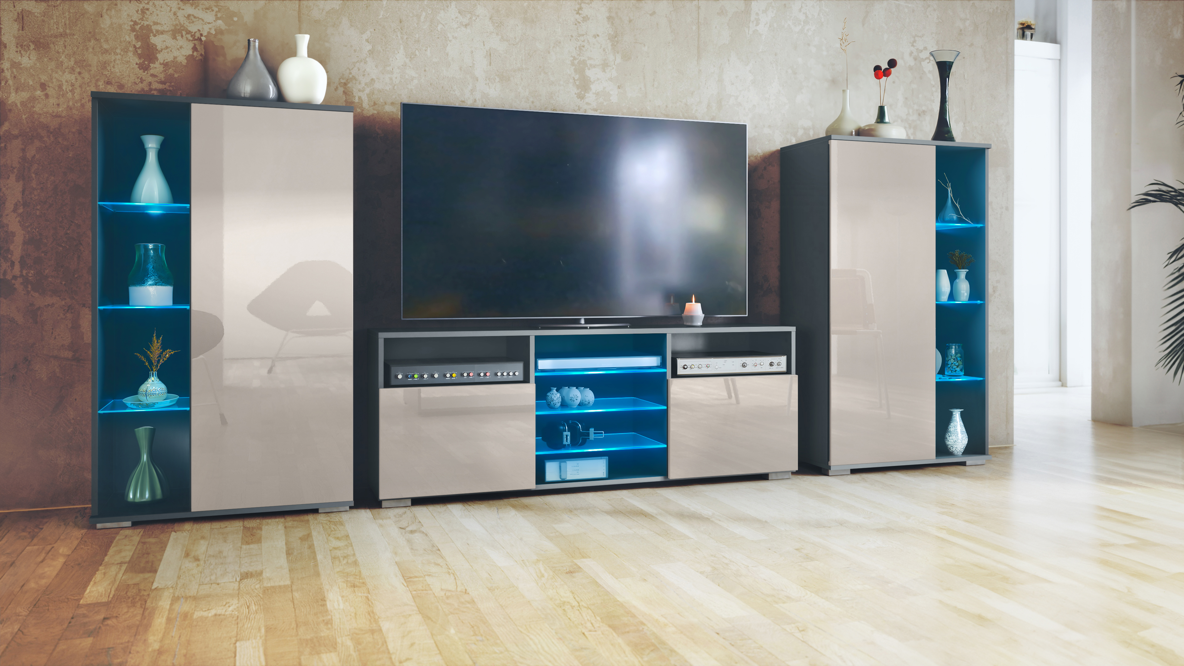 Wohnwand Davos LED 3-tlg. bestehend aus 2 Vitrinen, 1 TV-Board und LED-Beleuchtung Anthrazit matt/Sandgrau Hochglanz (329 x 134 x 35 cm)