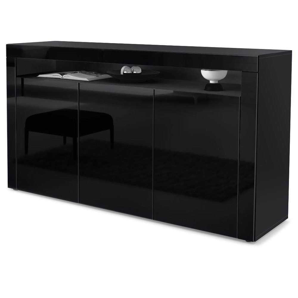 Sideboard Valencia mit 3 Türen und 1 offenem Fach Schwarz matt/Schwarz Hochglanz/Schwarz Hochglanz (155 x 92 x 40 cm)