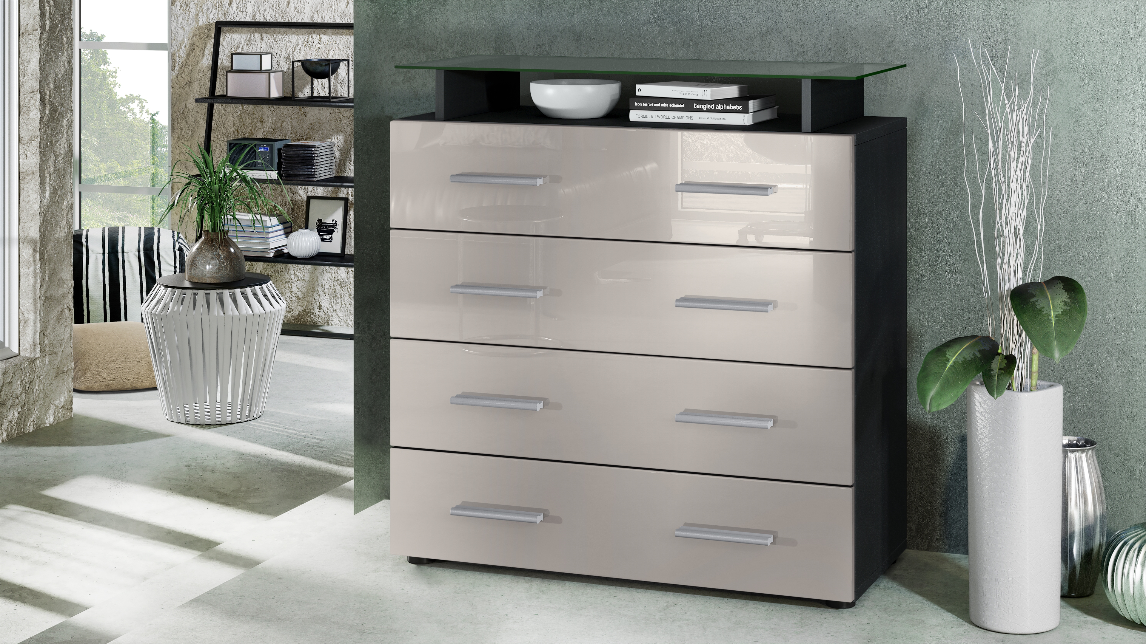 Kommode Pavos V2 mit 4 Schubladen und Glasablage Schwarz matt/Sandgrau Hochglanz (76 x 81 x 35 cm)