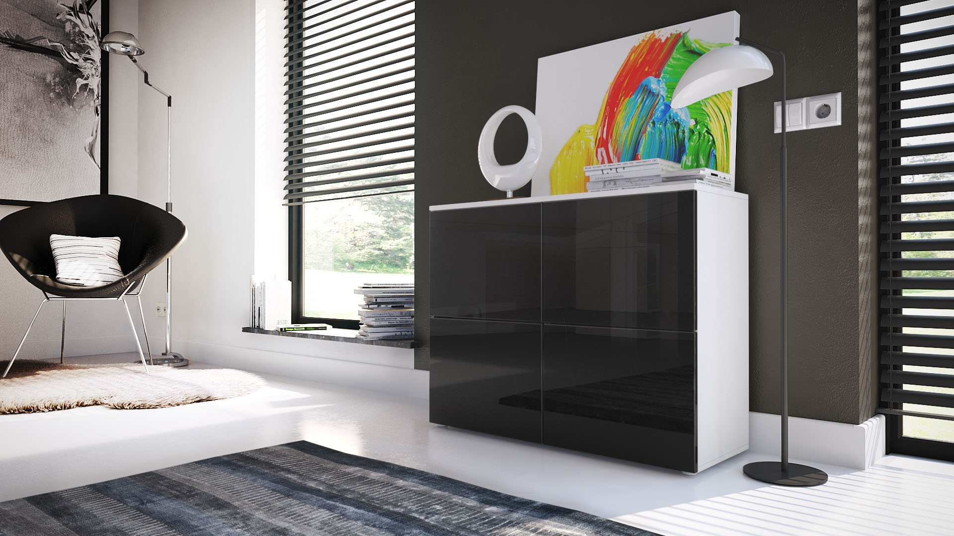Kommode Rova mit 4 Türen Weiß matt/Schwarz Hochglanz (92 x 72 x 35 cm)