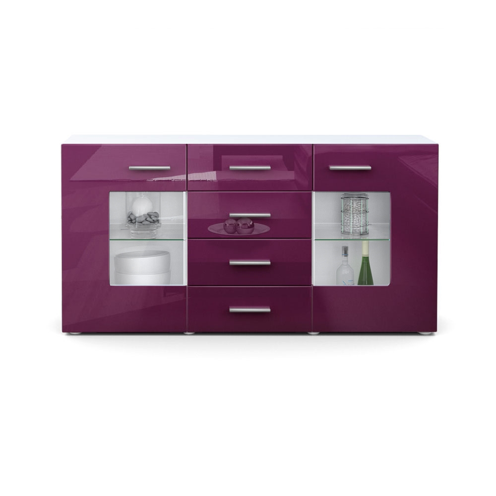 Sideboard Grömitz V1 4 Schubladen und 2 flexible Glaseinlegeböden Weiß matt/Brombeer Hochglanz (139 x 72 x 35)