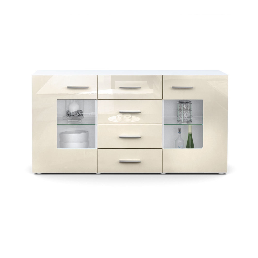Sideboard Grömitz V1 4 Schubladen und 2 flexible Glaseinlegeböden Weiß matt/Creme Hochglanz (139 x 72 x 35)
