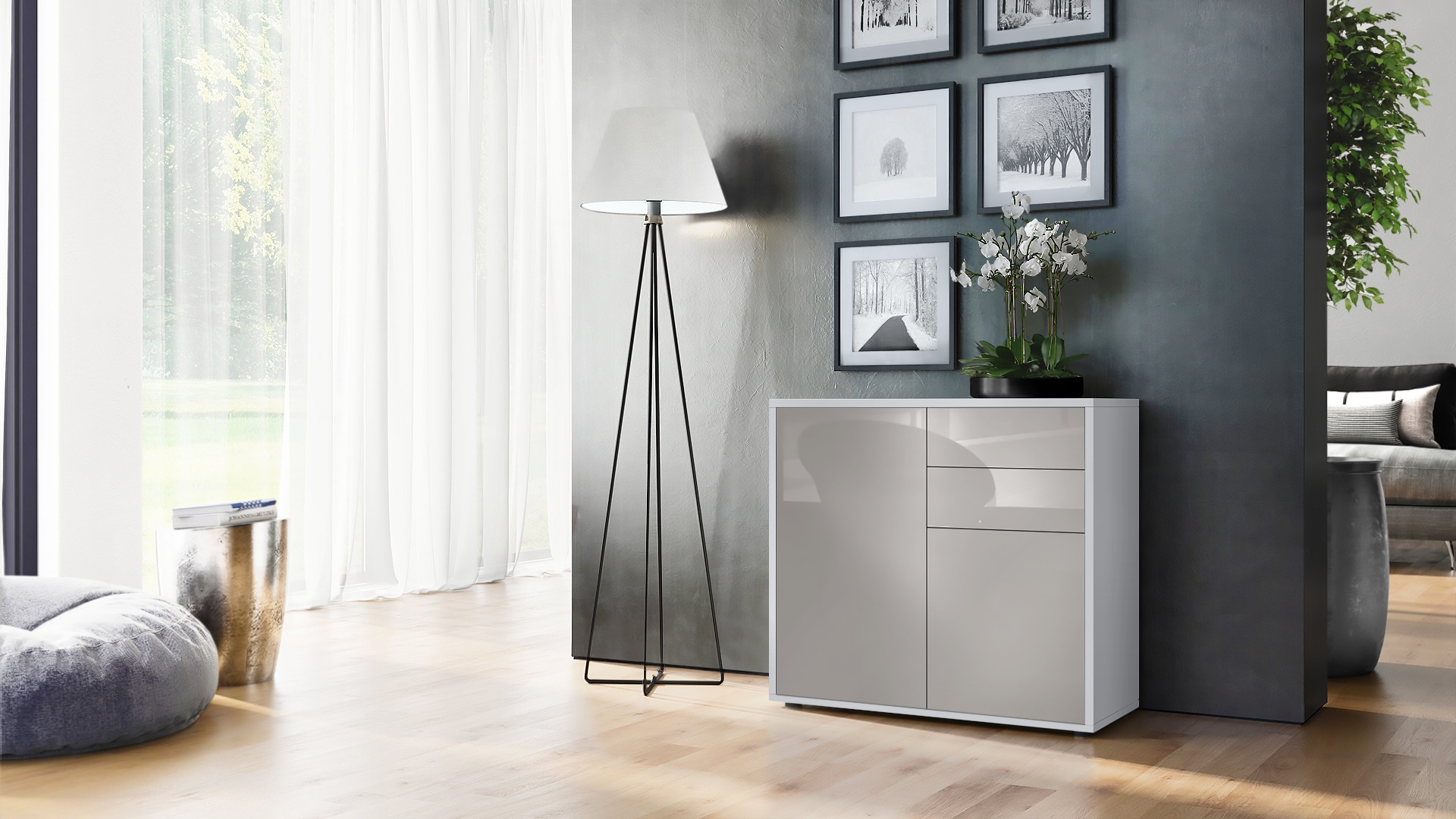 Kommode Ben  mit 2 Türen und 2 Schubladen Weiß matt/Sandgrau Hochglanz (79 x 74 x 36 cm)