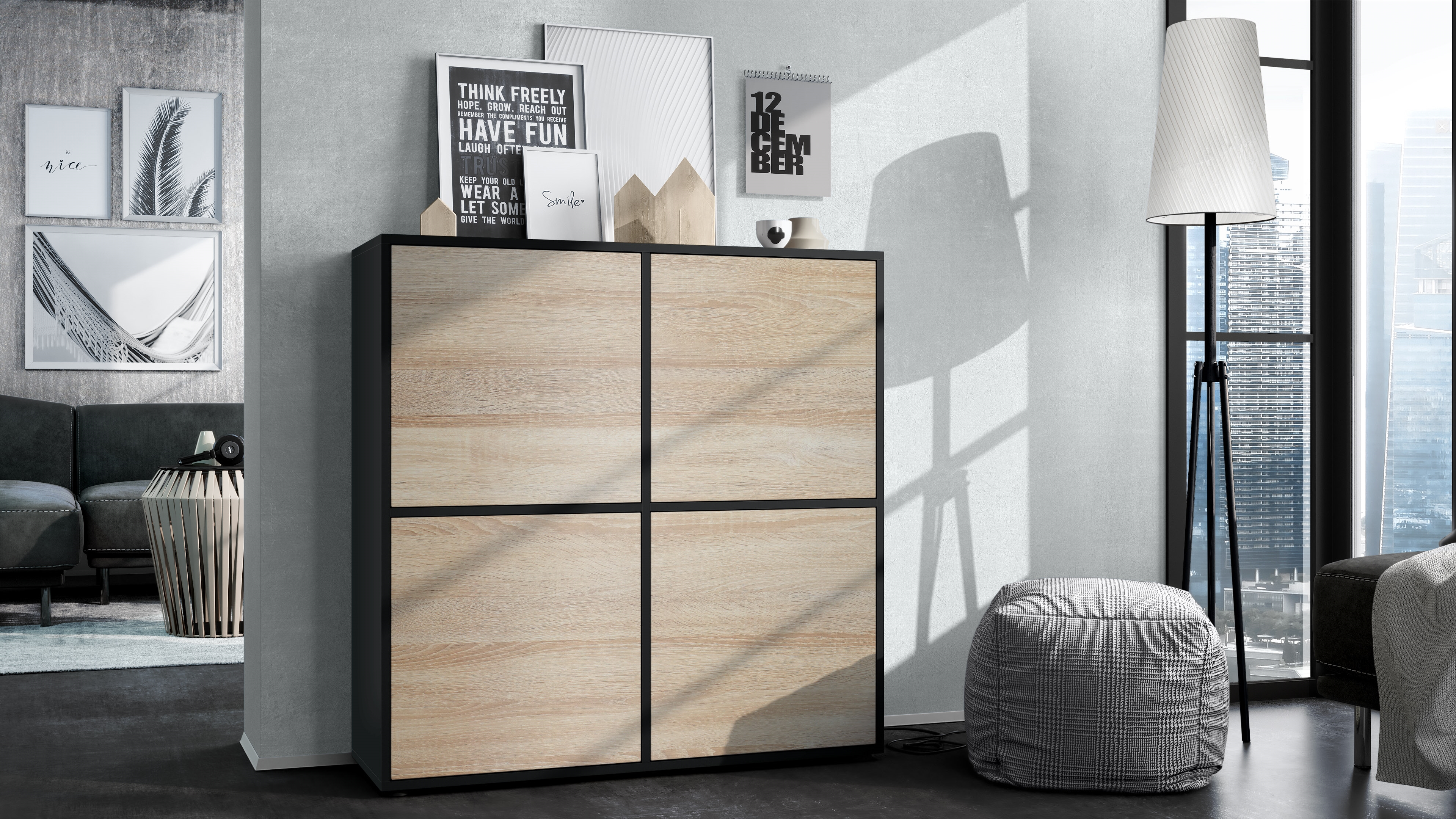 Highboard Cuba V2 Sideboard mit 4 Push-to-Open Türen, Made in Germany Schwarz matt / Eiche sägerau (104 x 105,5 x 35,5 cm)