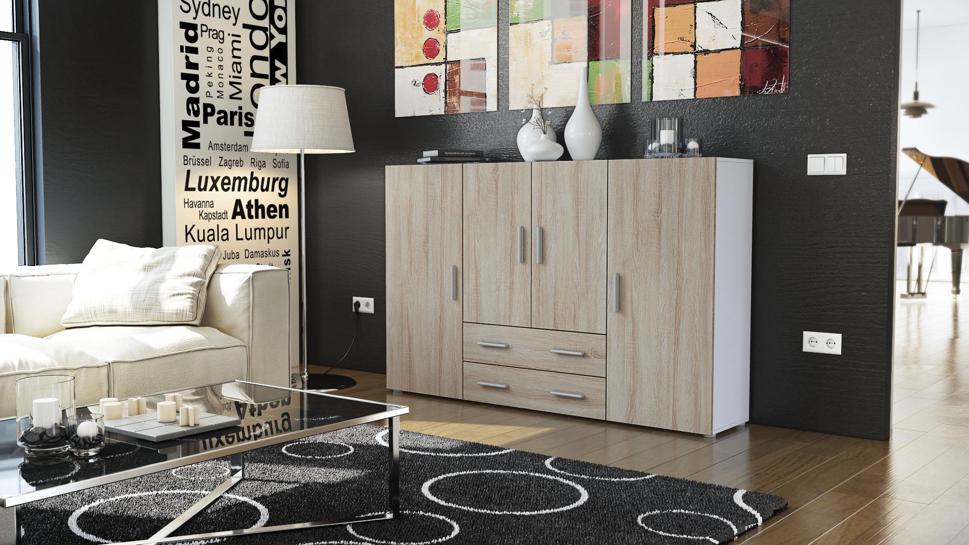 Highboard Nora und 4 Türen mit insgesamt 8 Fächer dahinter Weiß matt/Eiche sägerau (166,5 x 106,5 x 35 cm)