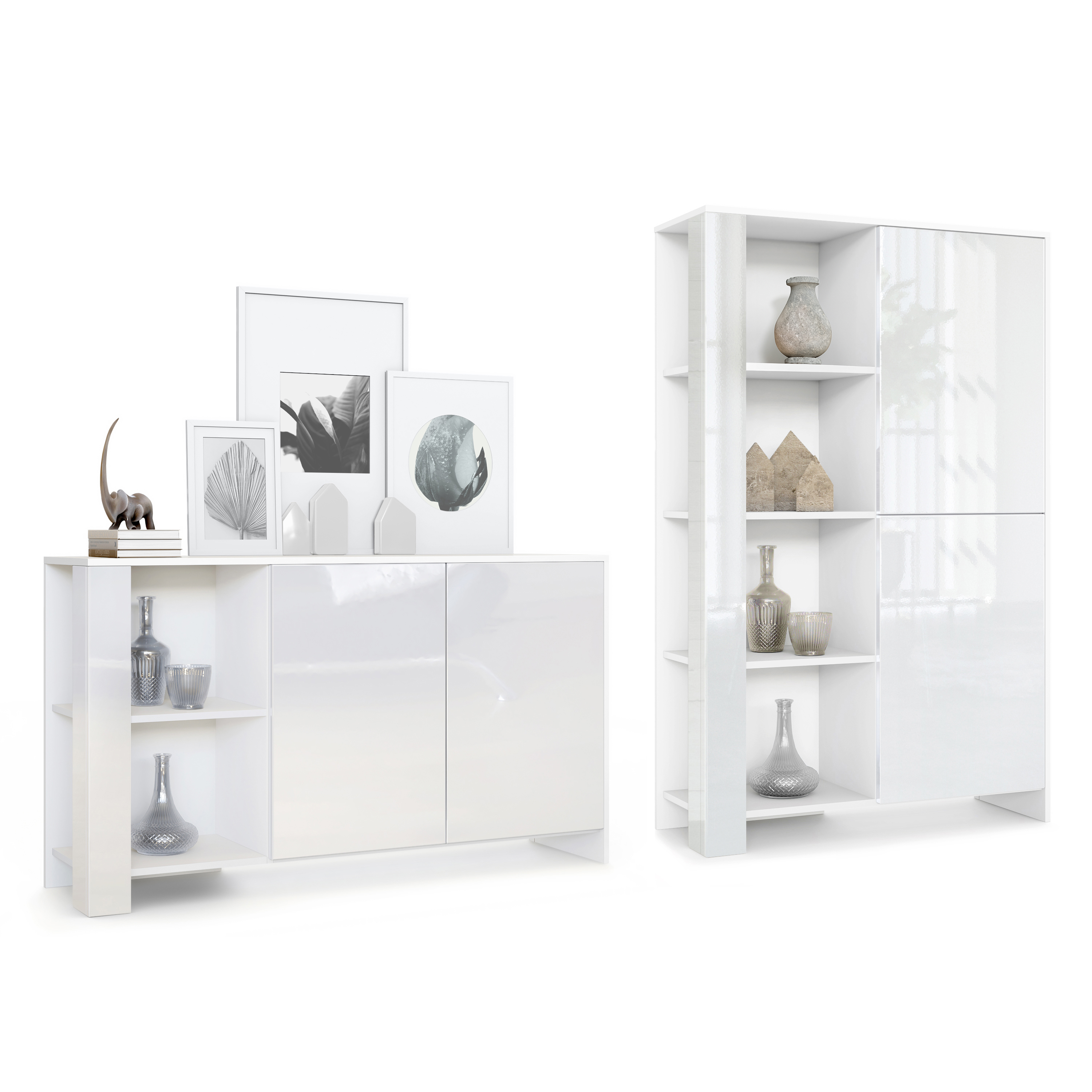 Wohnraum Set Venedig bestehend aus 1 Highboard und 1 Sideboard Weiß matt, Weiß Hochglanz, Weiß Hochglanz