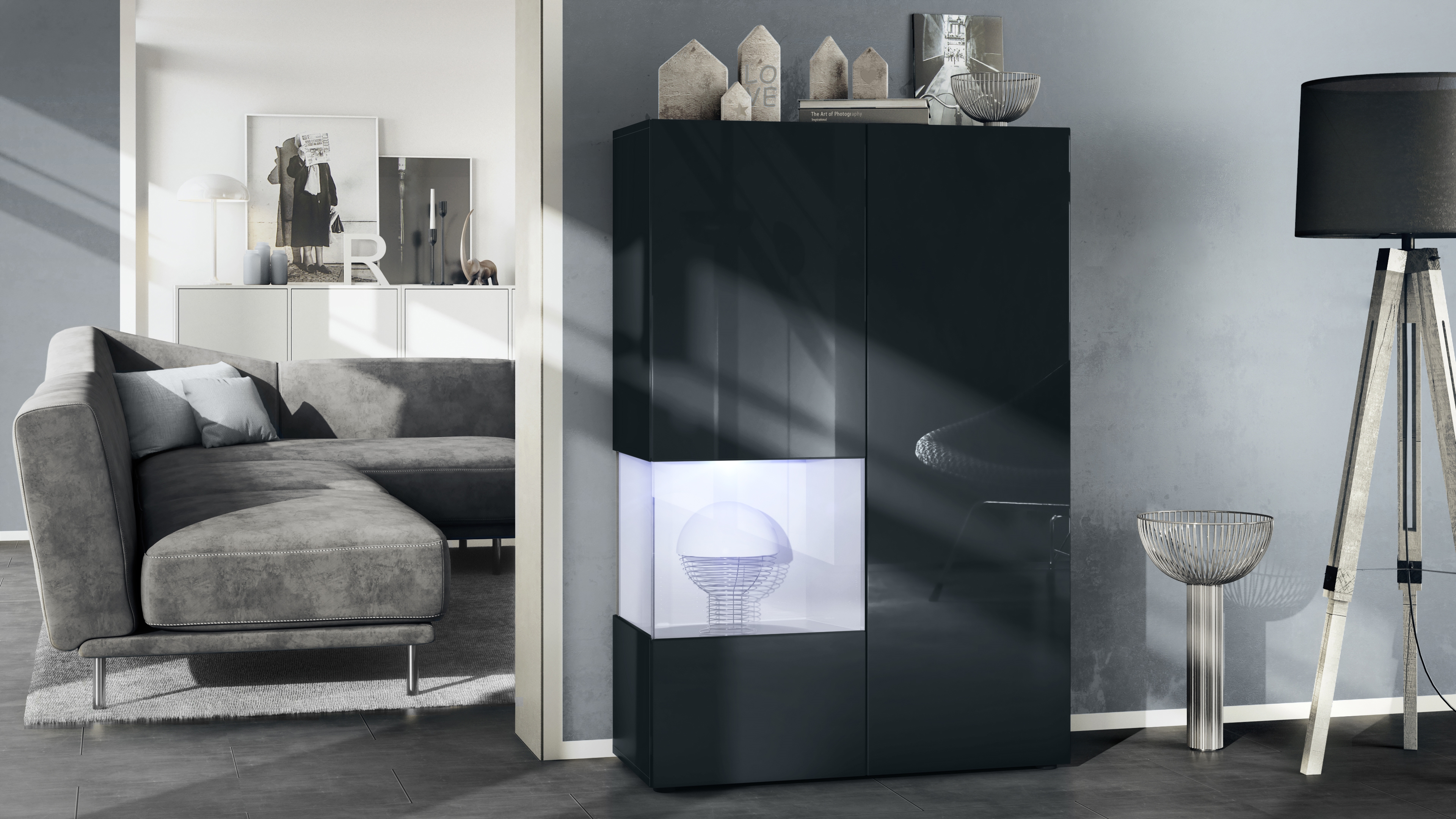 ​Vitrine Morena V2 mit 2 Türen und Glaseinsatz inkl. LED-Beleuchtung Schwarz matt/Schwarz Hochglanz/Weiß matt(91,5 x 136,5 x 37 cm)