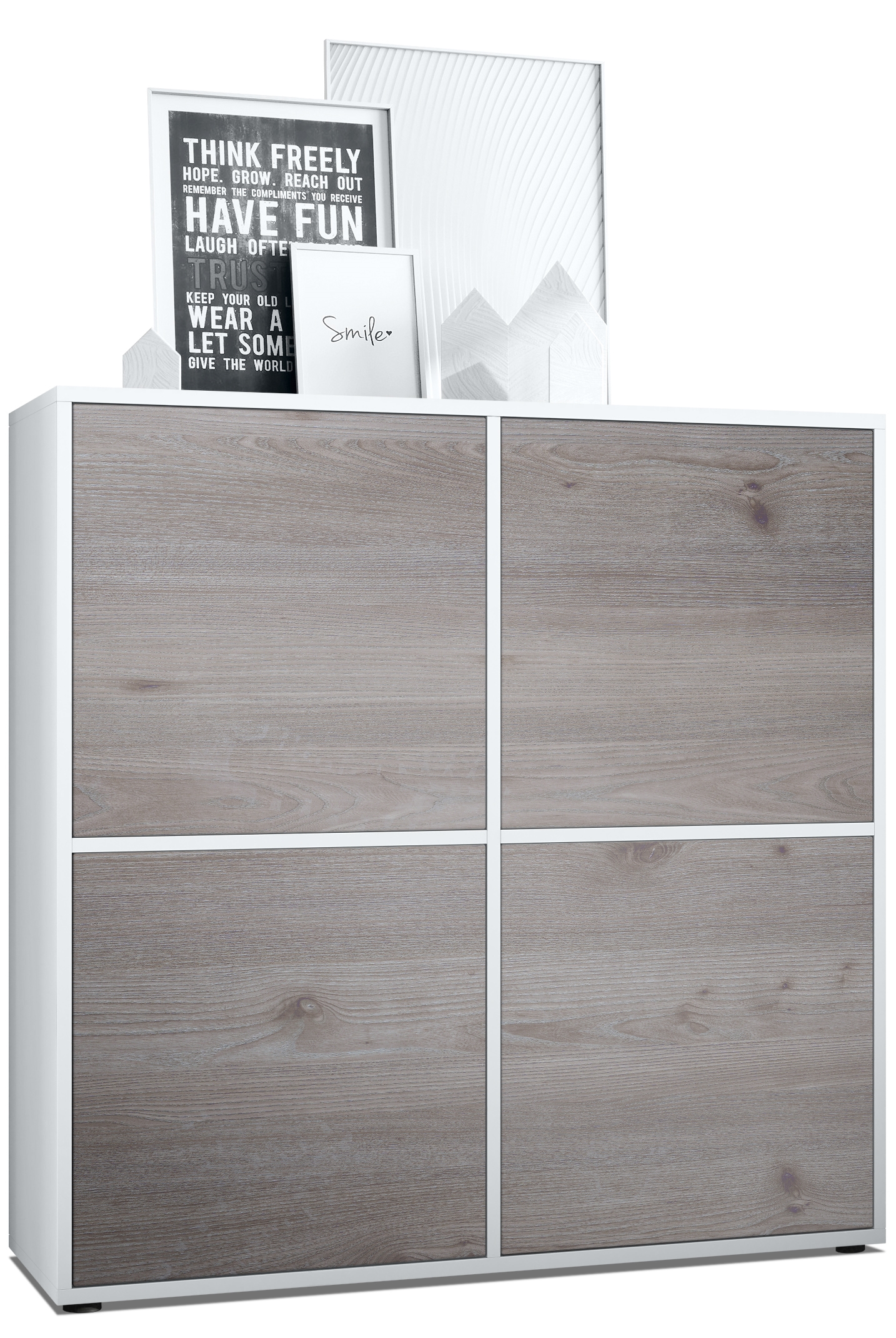 Highboard Cuba V2 Sideboard mit 4 Türen Push-to-Open, Made in Germany Weiß matt / Eiche Nordic (104 x 105,5 x 35,5 cm)