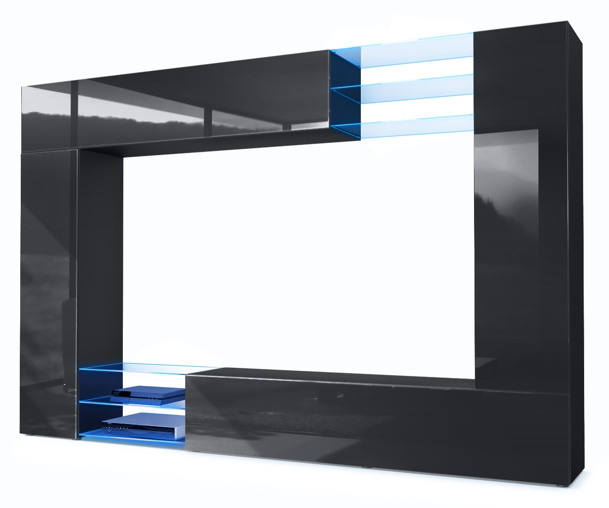 Wohnwand Mirage 2 Klappen und 6 offenen Glasablagen Schwarz matt/Schwarz Hochglanz, inkl. LED-Beleuchtung (262x183x39 cm)