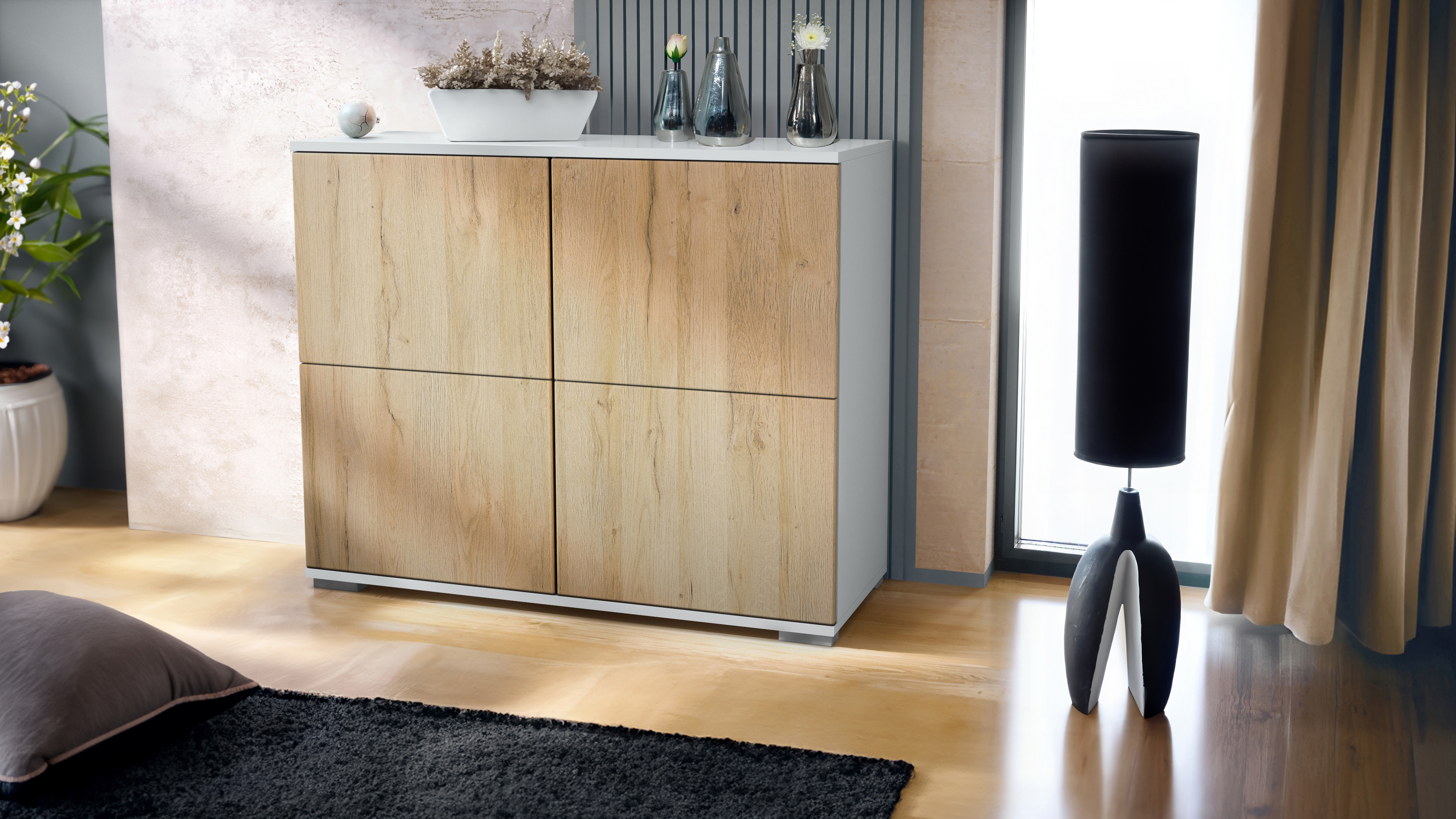 Rova V3 Kommode Weiß mit 4 Push-to-Open Türen Weiß matt / Eiche Natur (92,5 x 75.5 x 35)