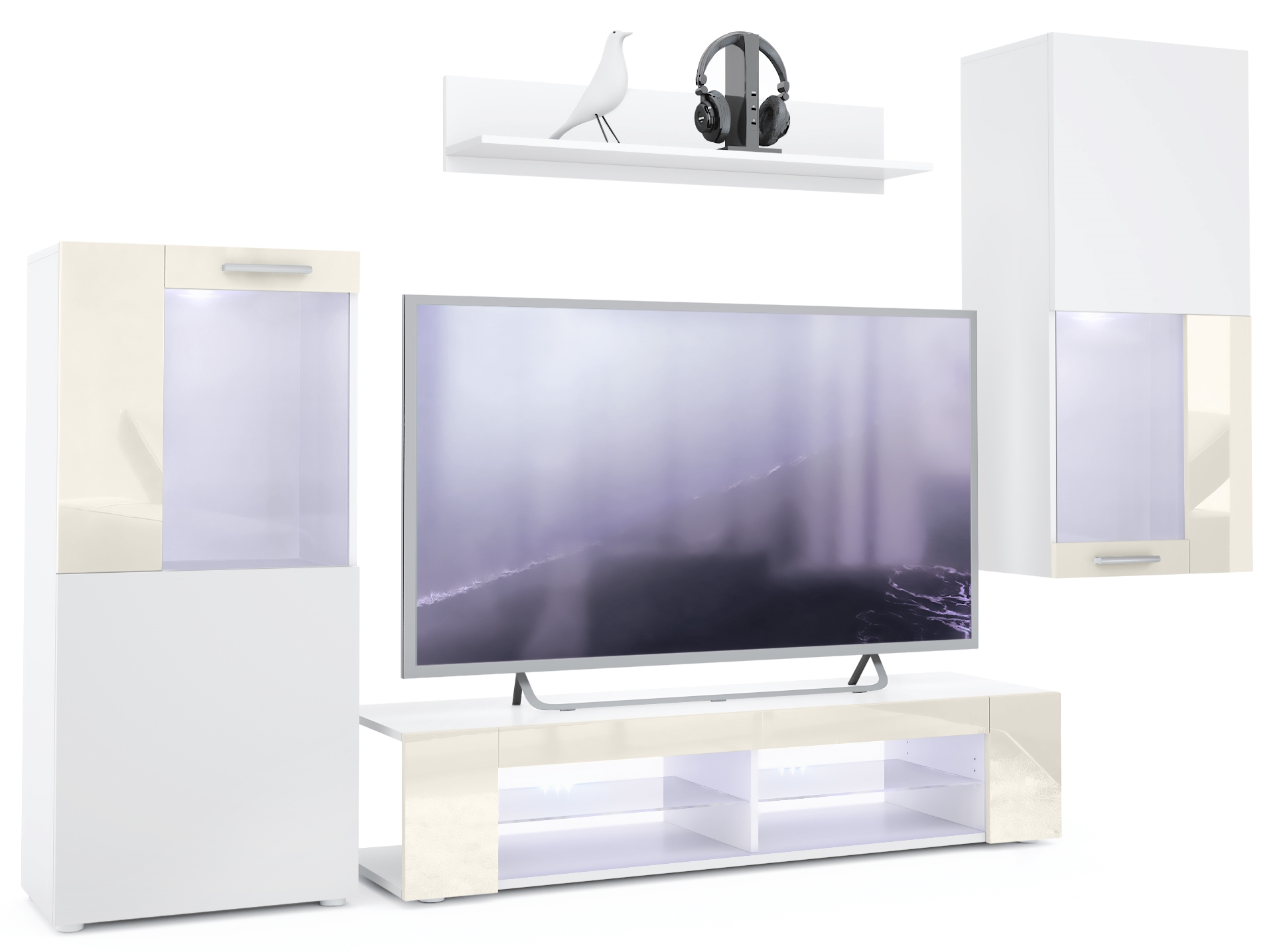 Wohnwand Movie 4-tlg. Weiß mit weißer LED  bestehend aus 1 TV-Board, 2 Vitrinen und 1 Regal Weiß matt/Creme glänzend mit Beleuchtung (300x190x39 cm)