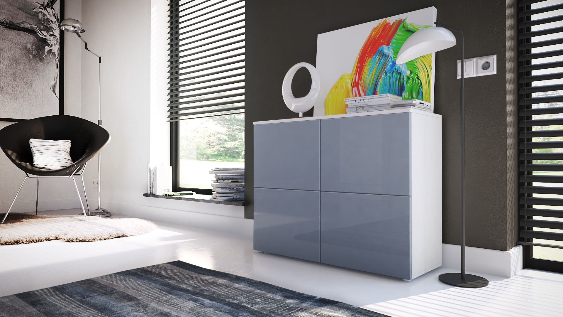 Kommode Rova mit 4 Türen Weiß matt/Grau Hochglanz (92 x 72 x 35 cm)
