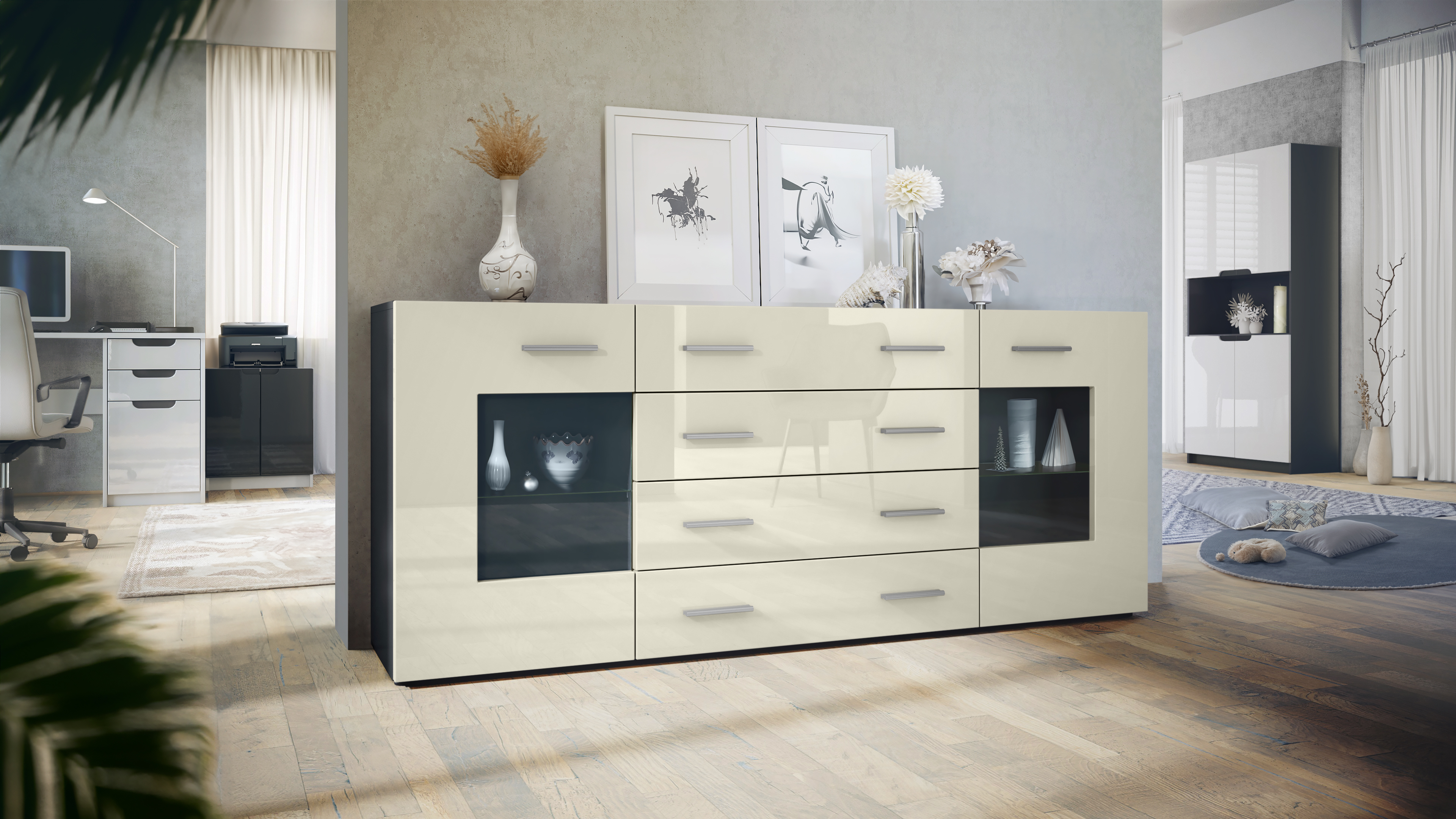 Sideboard Grömitz V2 4 Schubladen und 2 flexible Glaseinlegeböden Schwarz matt/Creme Hochglanz (166 x 72 x 35)